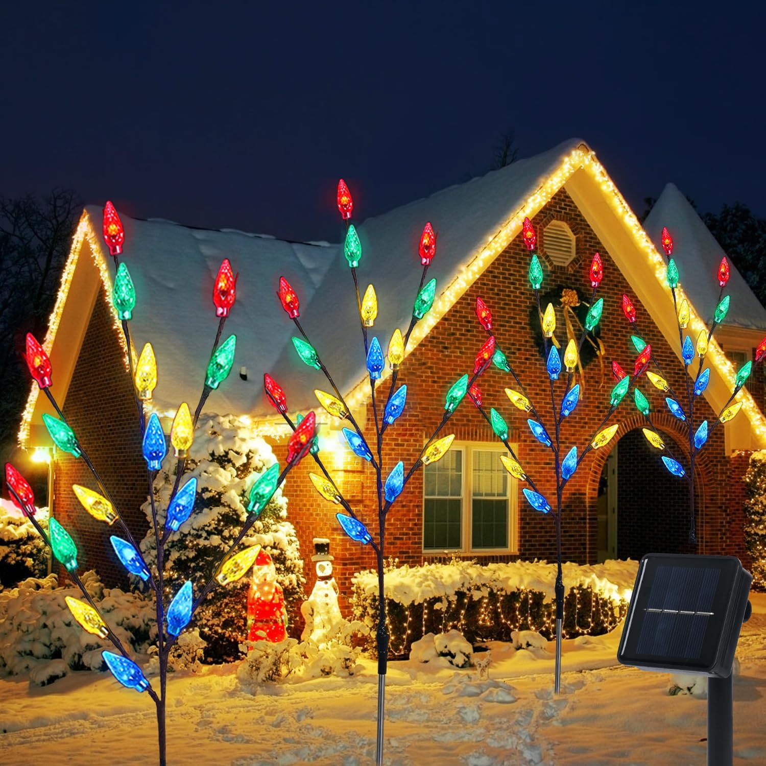 Decoraciones de Navidad para exteriores, 4 juegos de luces solares para árbol de Navidad con 80 luces C6 multicolor, adecuadas para árbol de Navidad