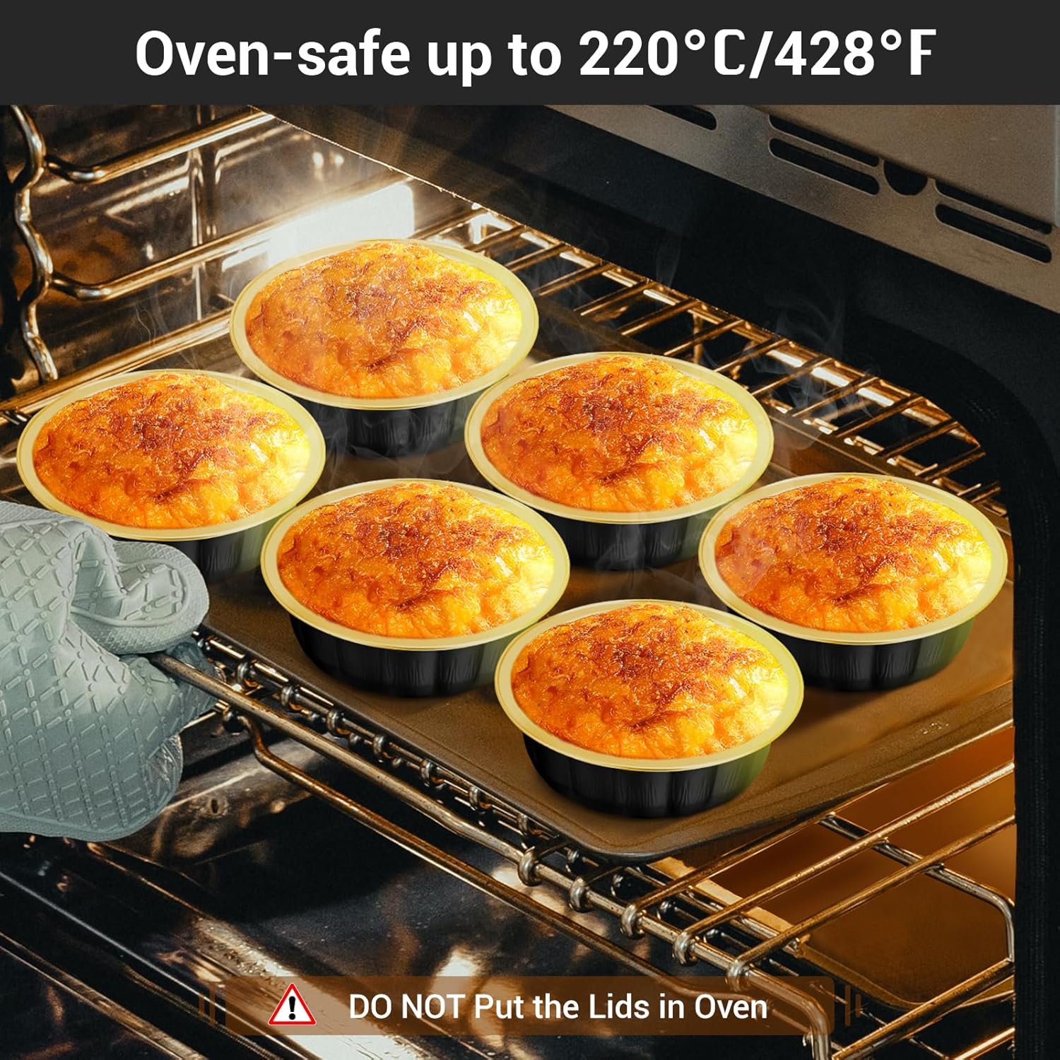 EUSOAR Moldes desechables con tapas, color oro negro, paquete de 50 moldes de papel de aluminio de 14.2 onzas con tapas, moldes desechables para