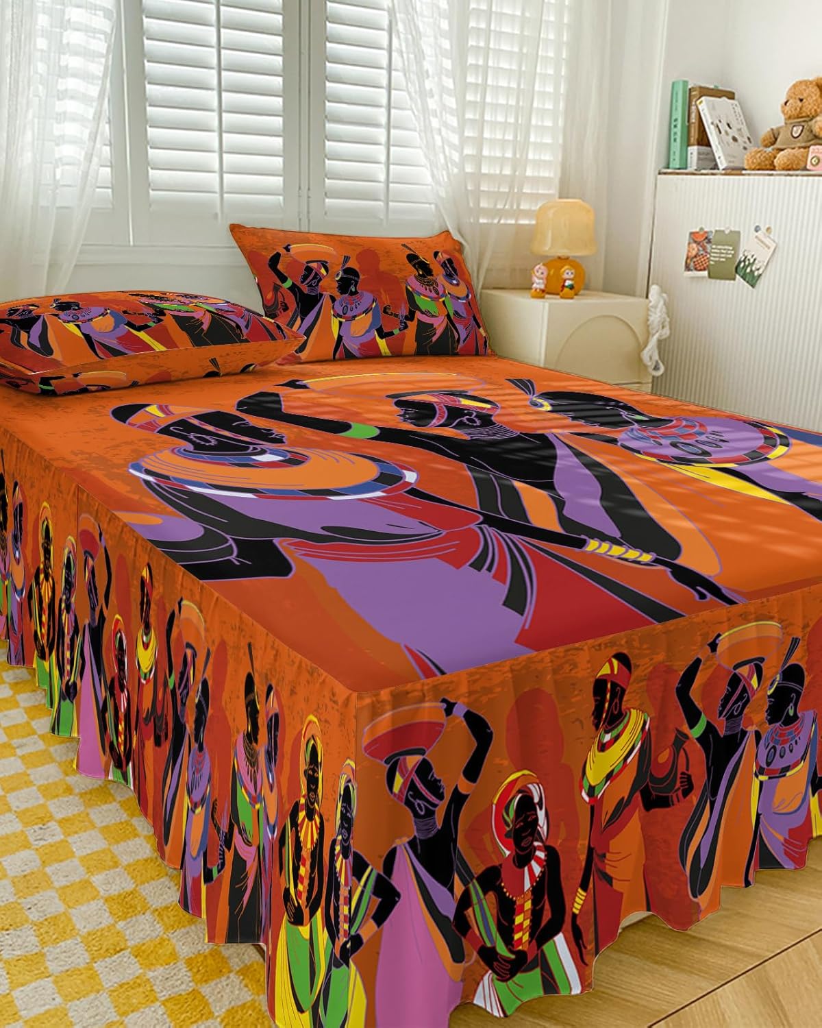 Faldas de cama plisadas envolventes para mujeres africanas para cama matrimonial de 54 x 75 pulgadas, falda de cama decorativa con volantes de