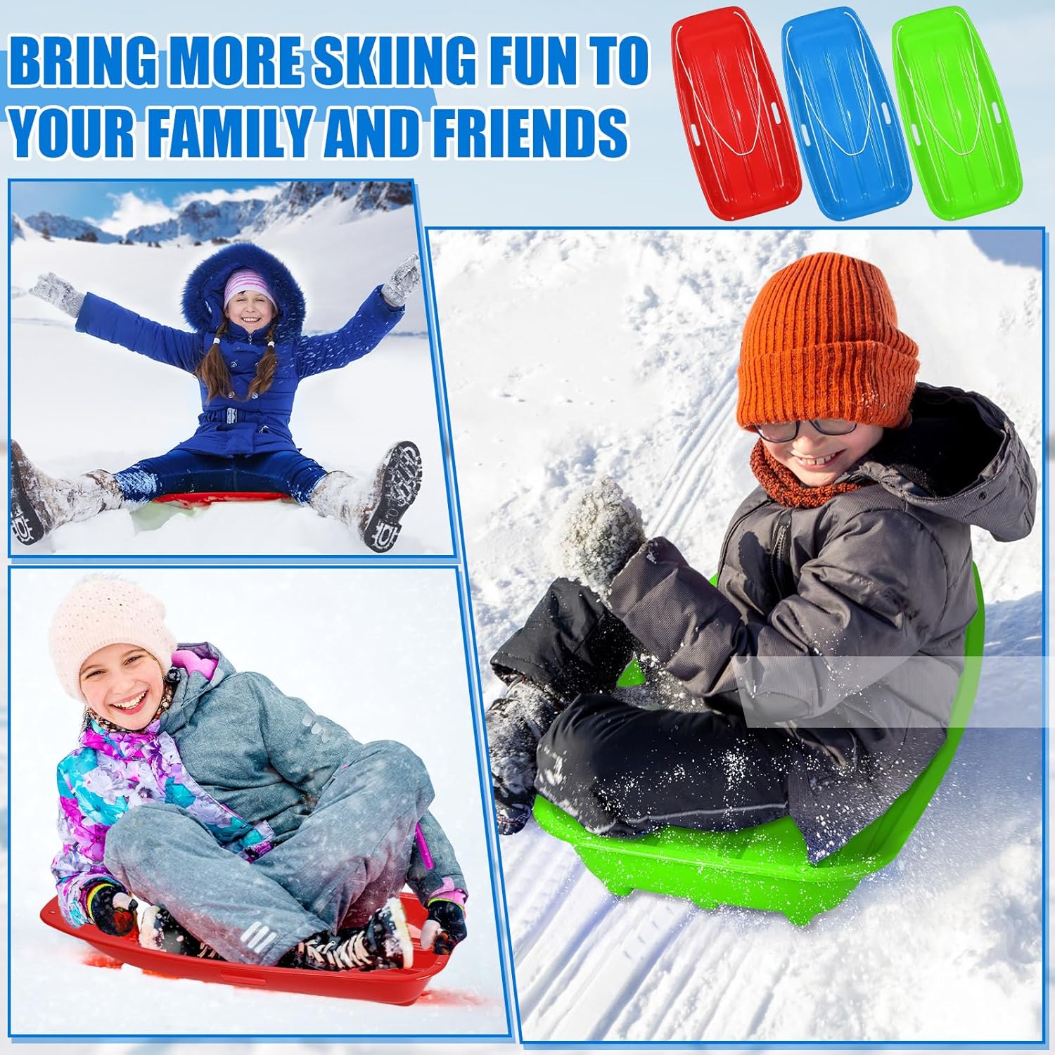 Paquete de 12 trineos de nieve duraderos de 35 pulgadas, trineos de arena de plástico con asas integradas y cuerda de tracción para niños, niñas y