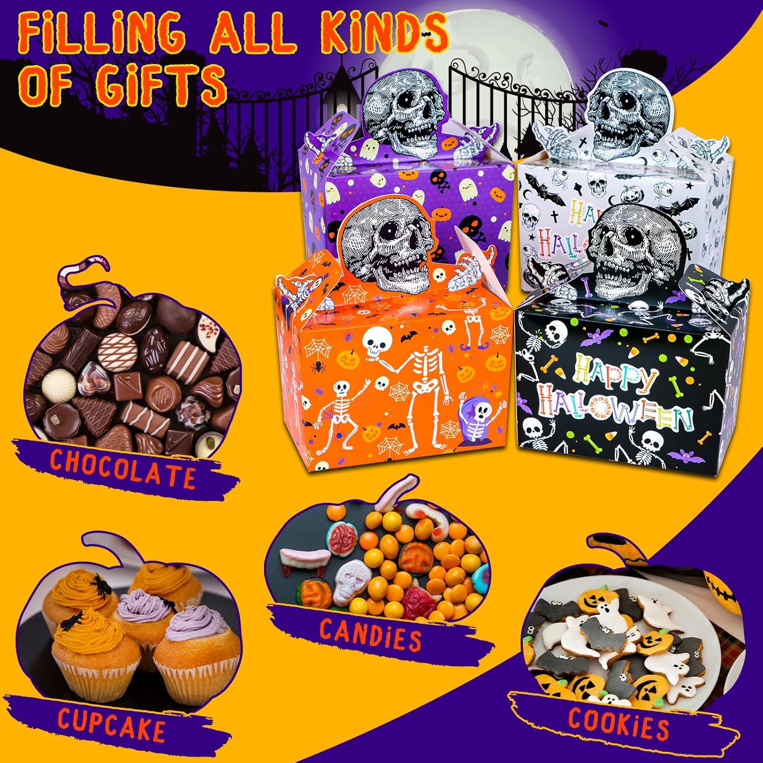 Cajas de regalo de Halloween, 24 cajas de regalo de dulces de calaveras para dulce o truco, cajas de fiesta de Halloween, cajas de esqueleto de