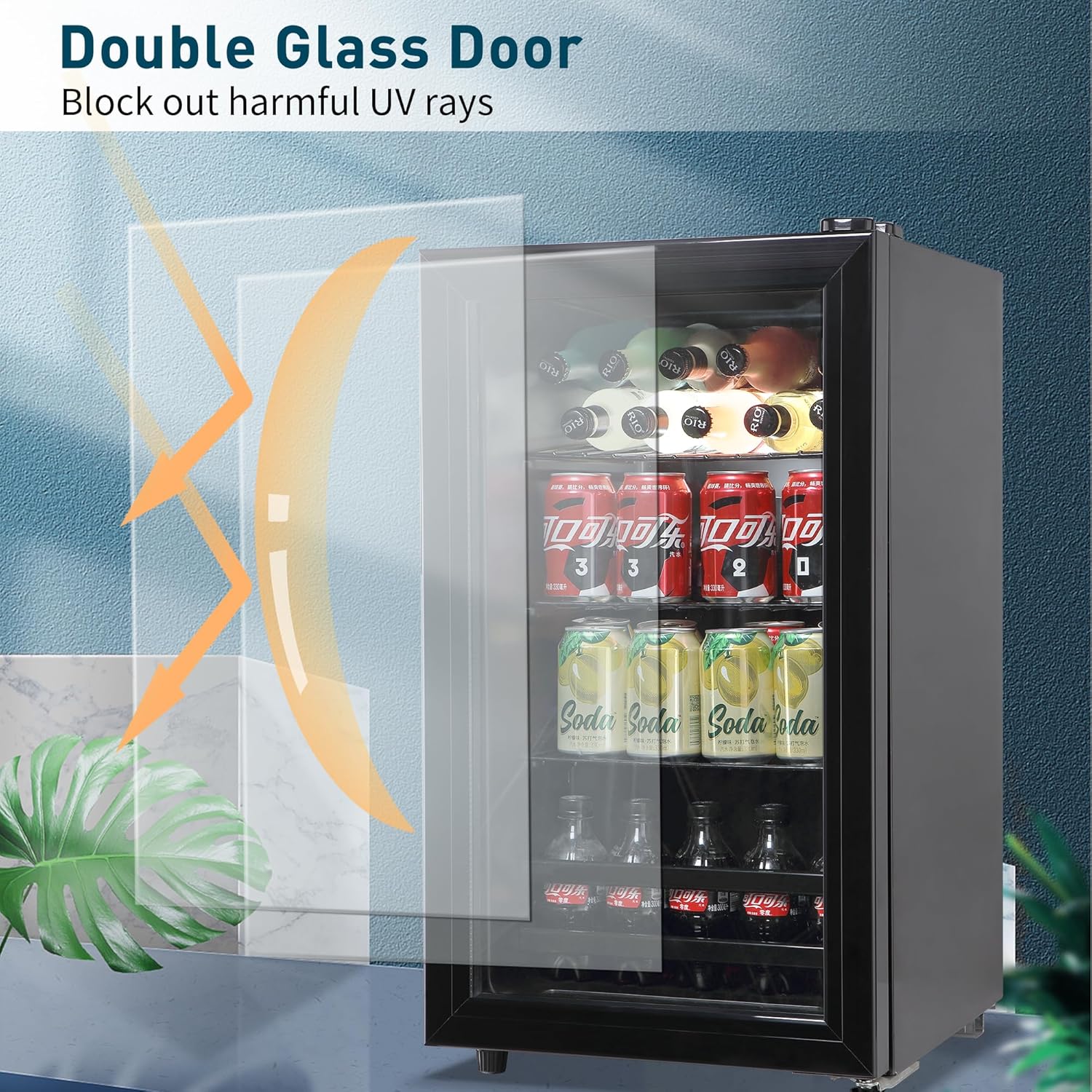 Tymyp Refrigerador de bebidas, mini refrigerador de 120 latas, refrigerador de vino con estantería ajustable y puerta de vidrio para cerveza de soda