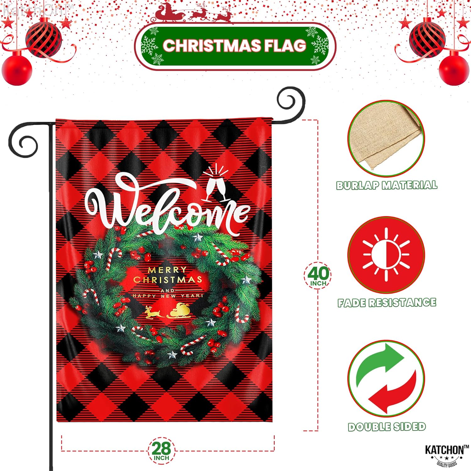 KatchOn, Bandera grande de bienvenida de Navidad para patio, 28 x 40 pulgadas, doble cara, bandera de feliz Navidad y feliz año nuevo, bandera de