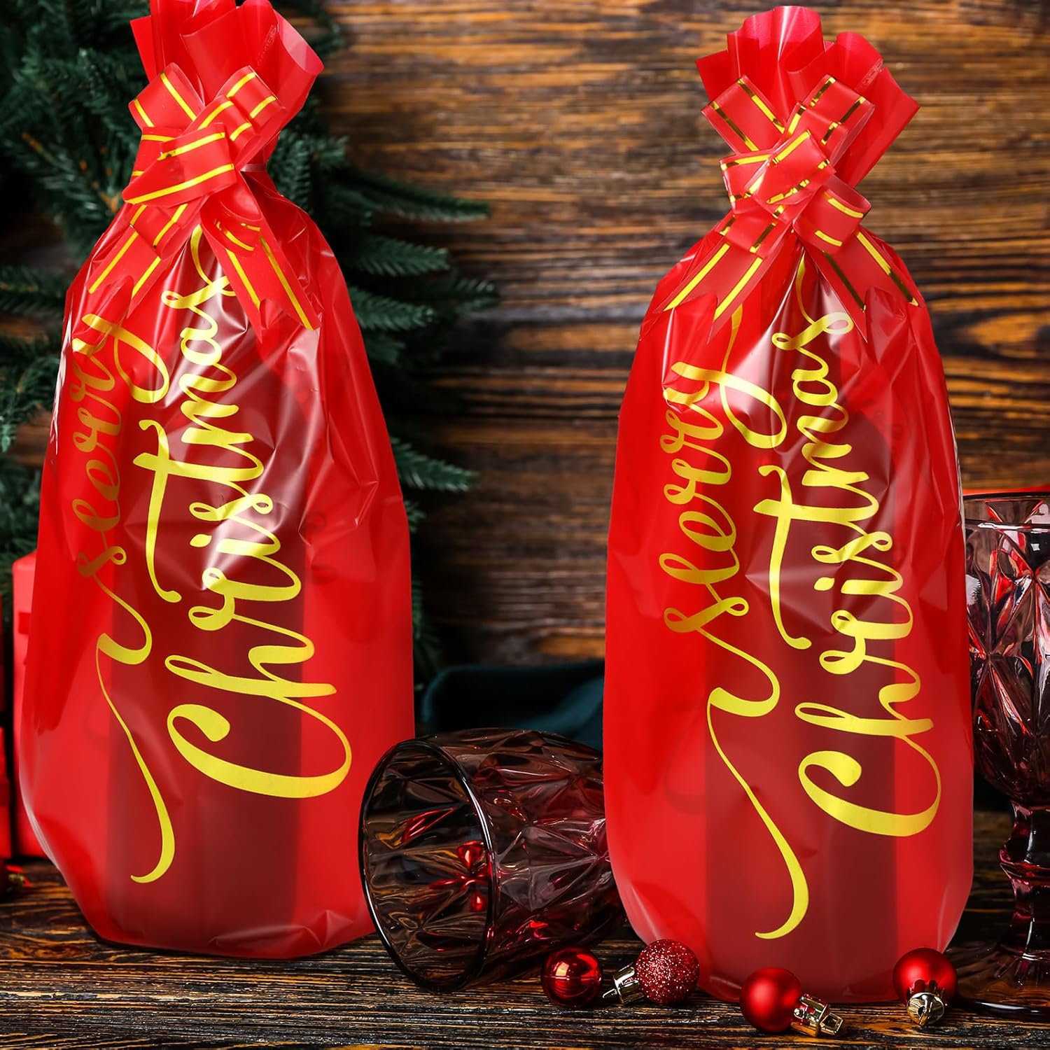 Teling 100 bolsas de regalo para botella de vino de Navidad, bolsa de celofán, funda roja para bolsa de vino de Feliz Navidad, incluye 50 bolsas de