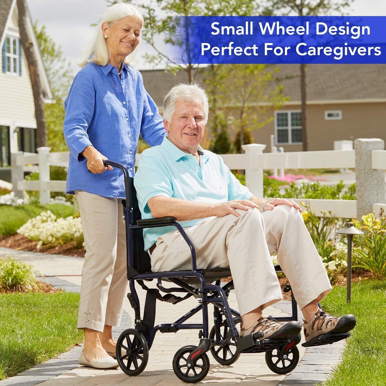 Carex Silla de ruedas de transporte con cojín para silla de ruedas, asiento de 19 pulgadas, silla de transporte plegable con reposapiés, silla de