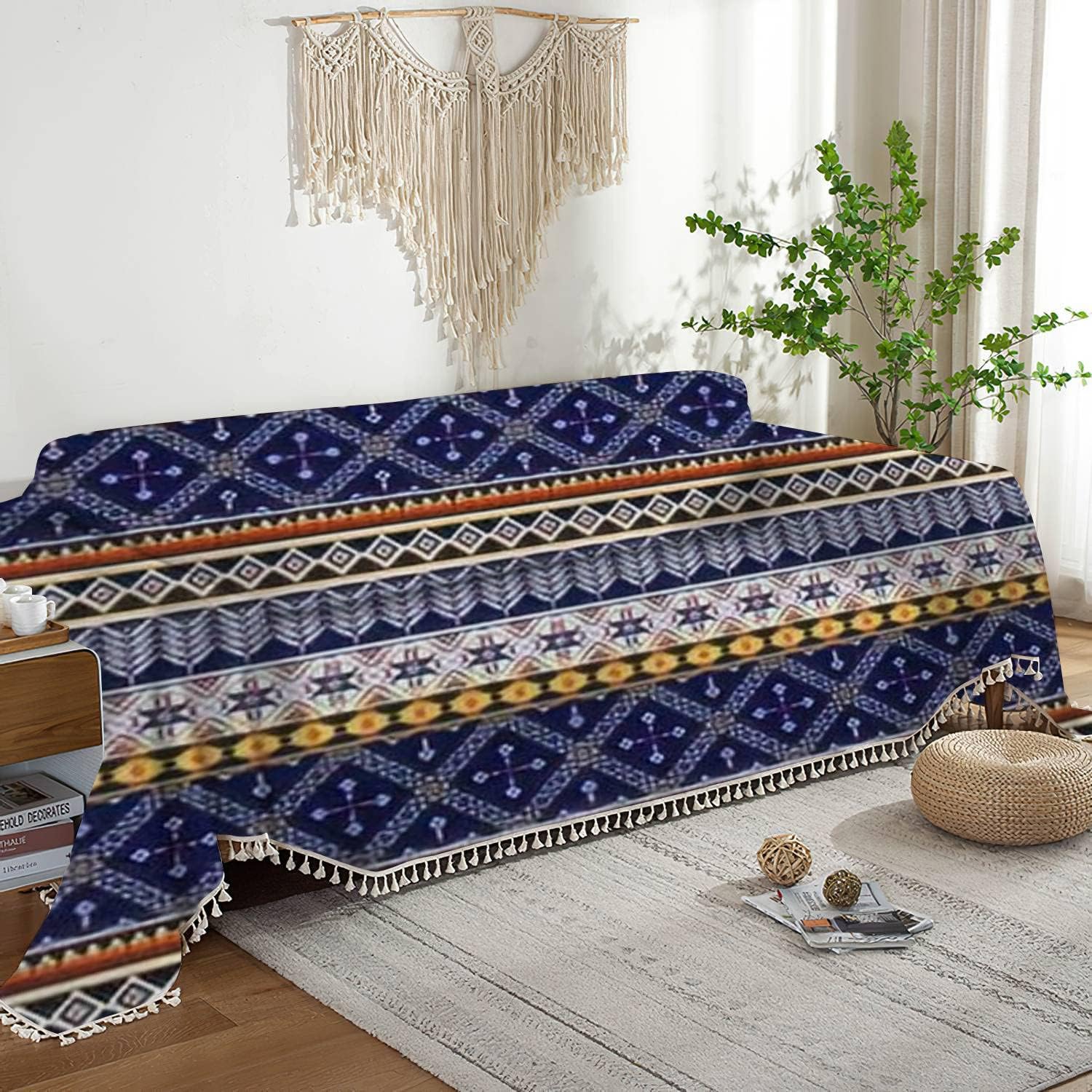 Funda bohemia para sofá, diseño étnico abstracto geométrico, tribal, nativo, étnico, tradicional, con borlas, lavable, para sofá, cama, protector de