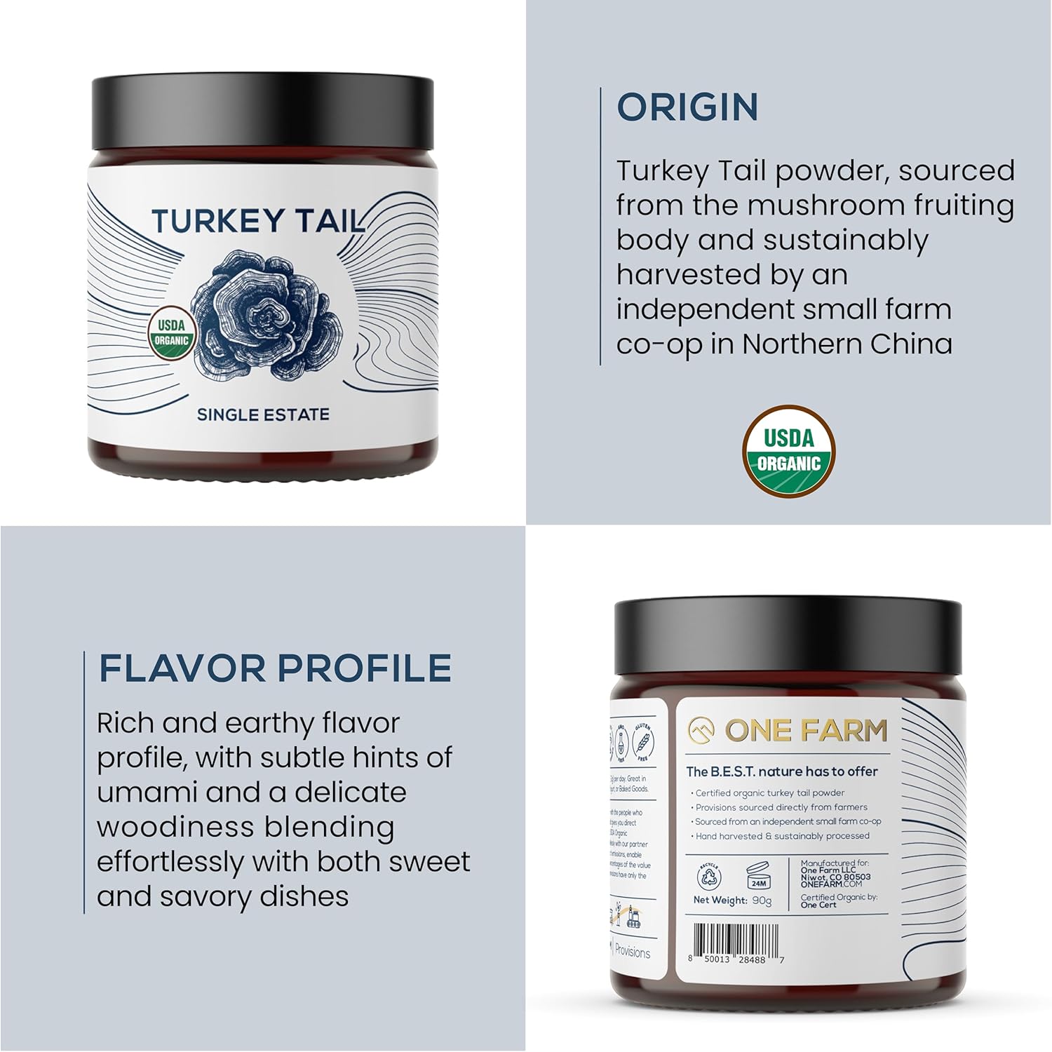 Polvo orgánico de hongos de cola de pavo único, sin OMG, comercio justo, sin gluten, apoyo intestinal, energía, cerebro e inmune, suplemento vegano