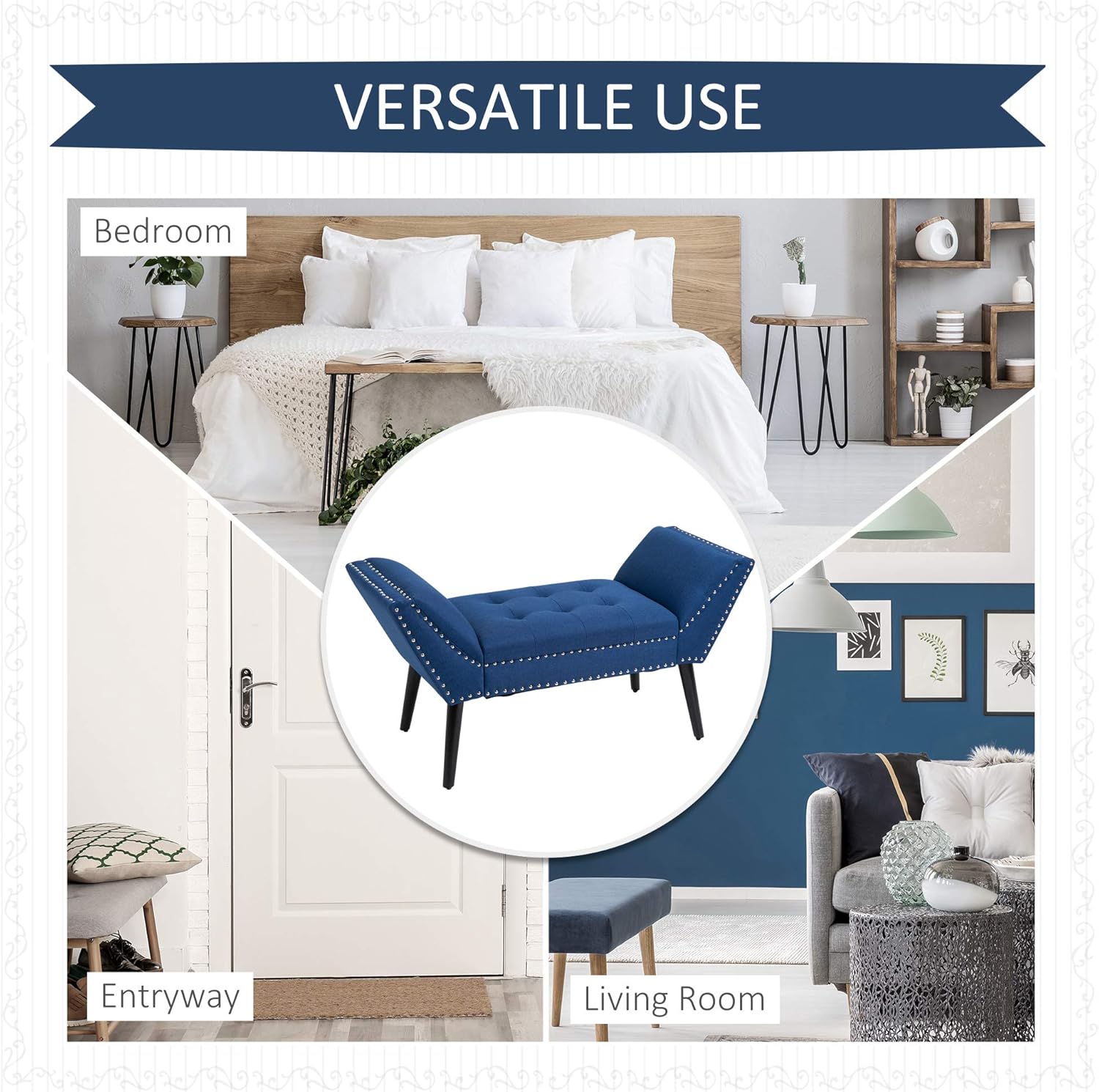 HOMCOM Moderno banco otomano tapizado de tela decorativa para dormitorio o sala de estar, color azul