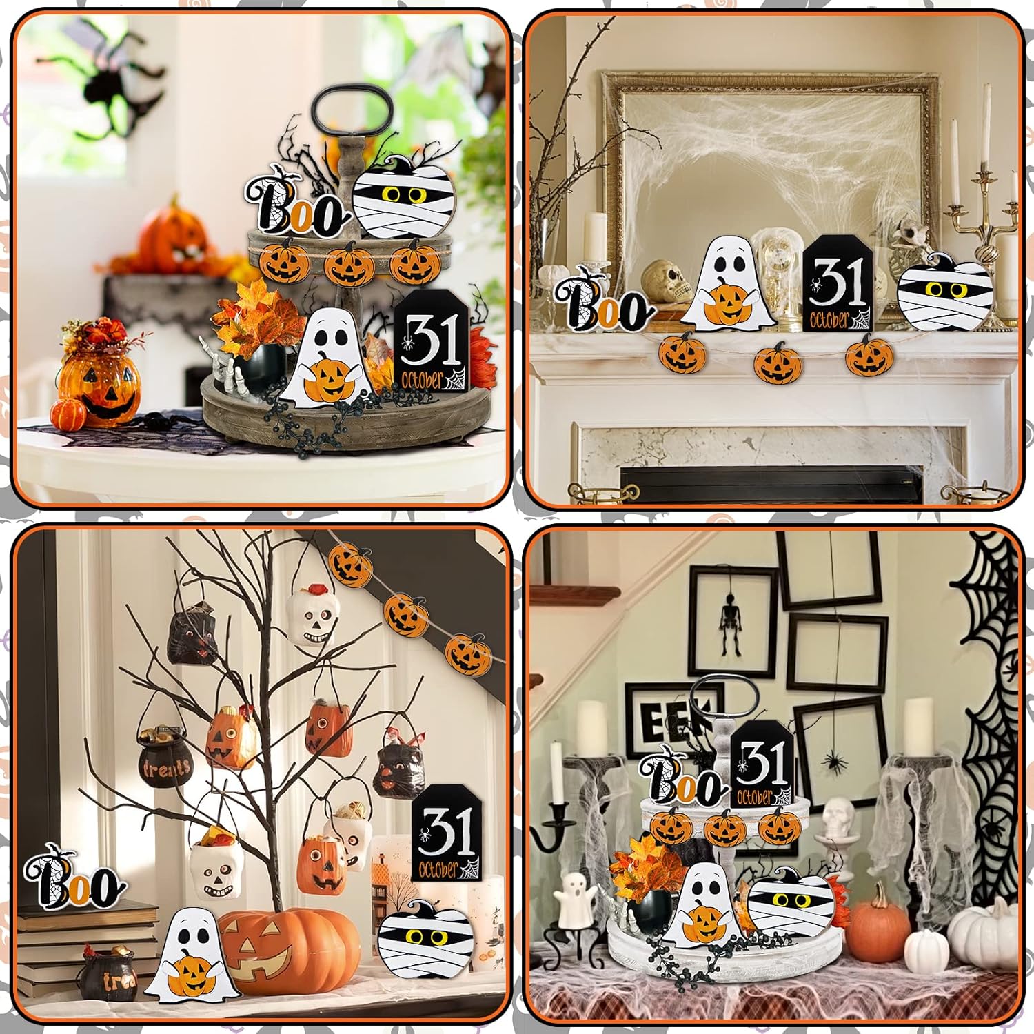 Decoración de bandeja escalonada de Halloween, decoraciones de bandeja de granja, divertidos letreros de madera de calabaza fantasma, momia
