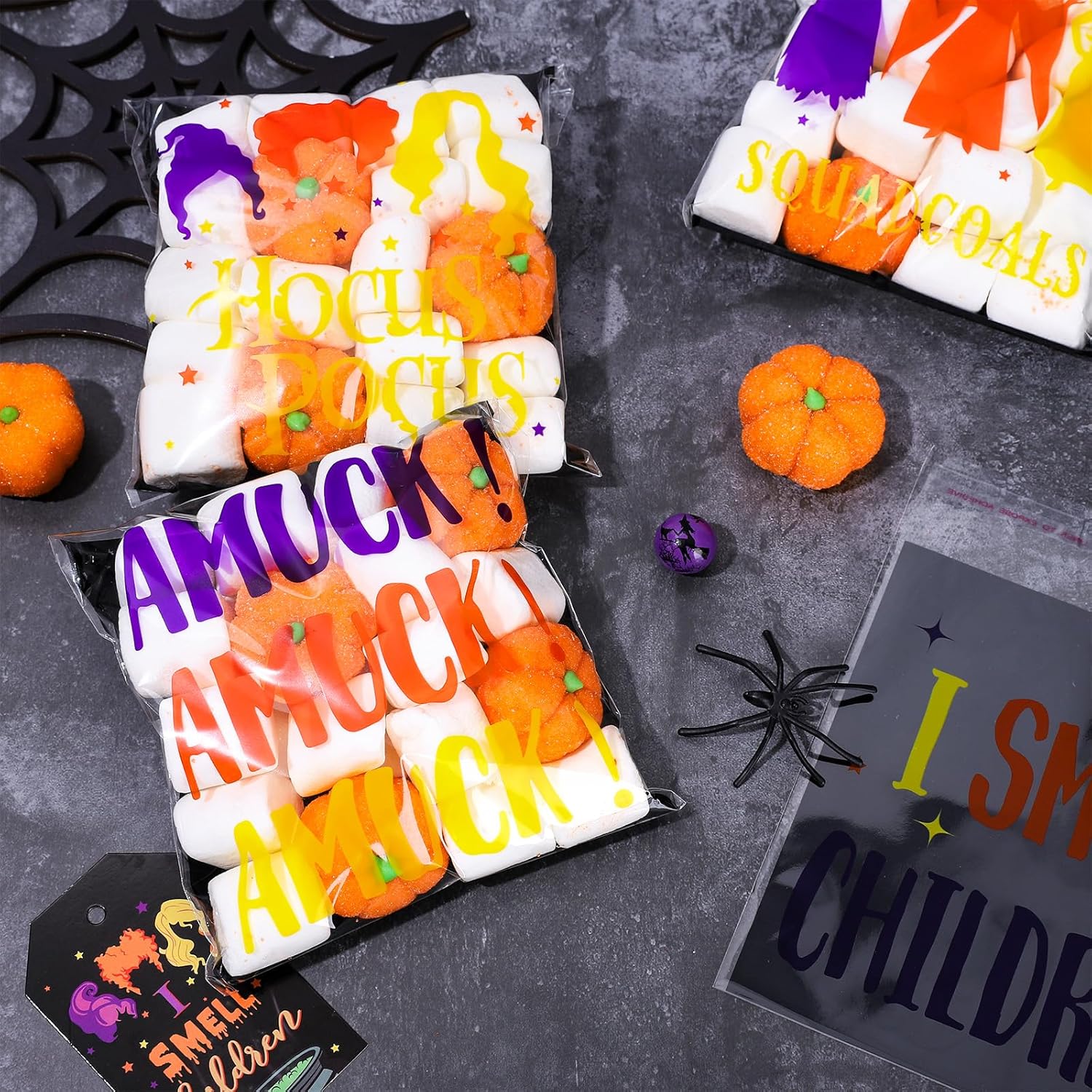 Whaline 240 bolsas de celofán para Halloween, autoadhesivas, bolsas de regalo de bruja Hocus Pocus, bolsas de regalo de brujas de celofán, bolsas de