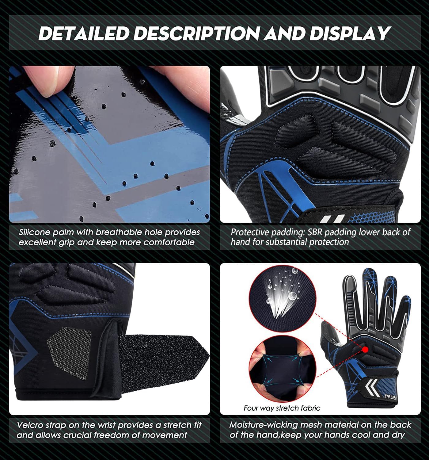 RID CHEN Guantes de fútbol y receptores de fútbol para adultos, guantes de fútbol para adultos con agarre pegajoso, guantes de fútbol ajustados para