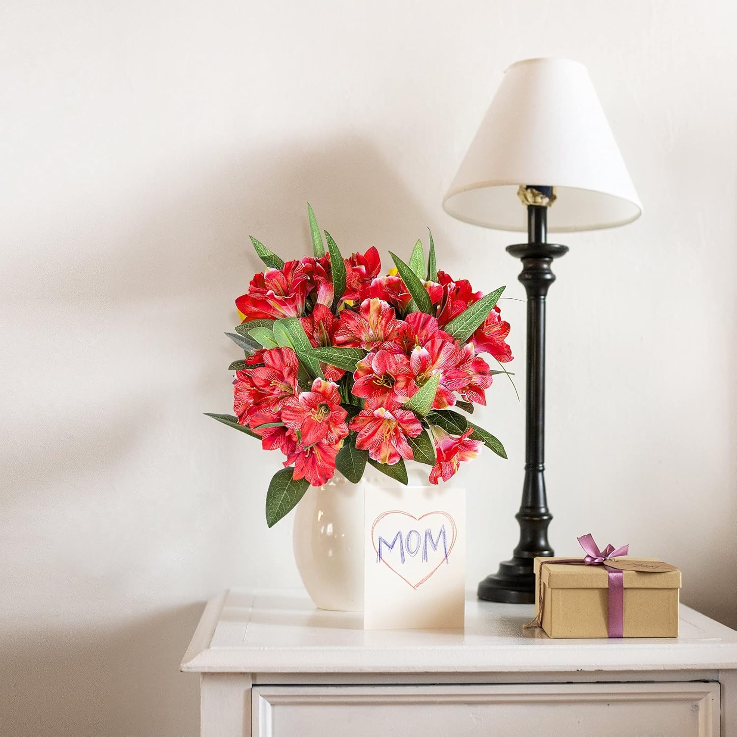 Amaryllis – Ramo de flores artificiales de 18 pulgadas de largo, pétalos de seda, hojas verdes sintéticas, decoración de boda, manualidades, centro