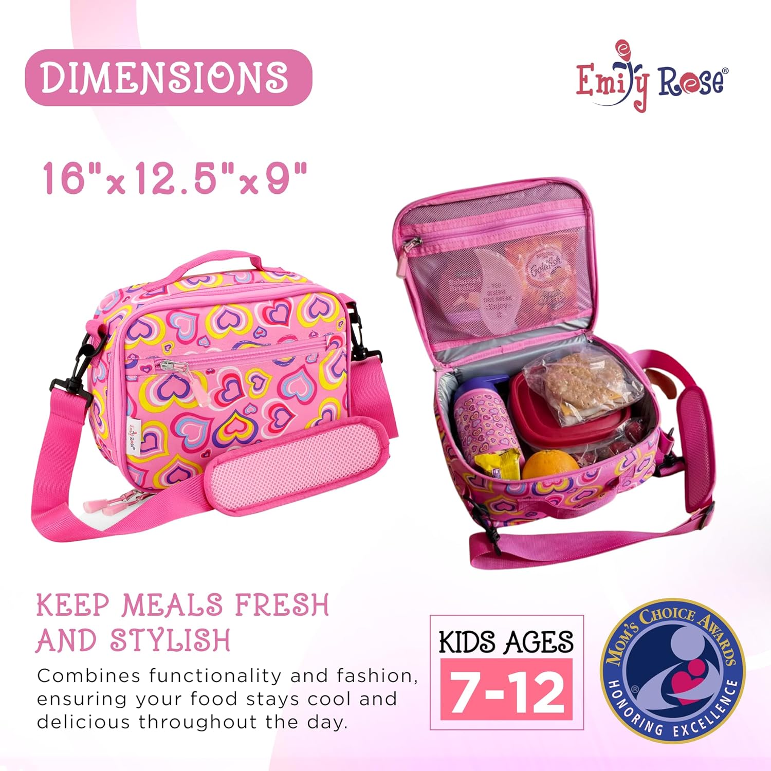 Emily Rose Lonchera térmica para niñas, lonchera reutilizable para guardería, escuela primaria y viajes, perfecta para comidas calientes y frías,
