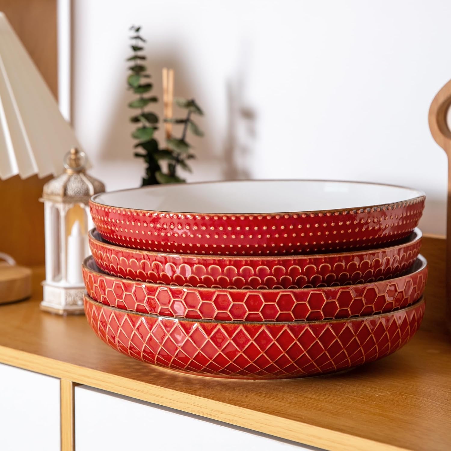 Tazones grandes para pasta de 9.5 pulgadas, cuencos de cerámica de 42 onzas para cocina, cuencos de cerámica con patrón texturizado para pasta,