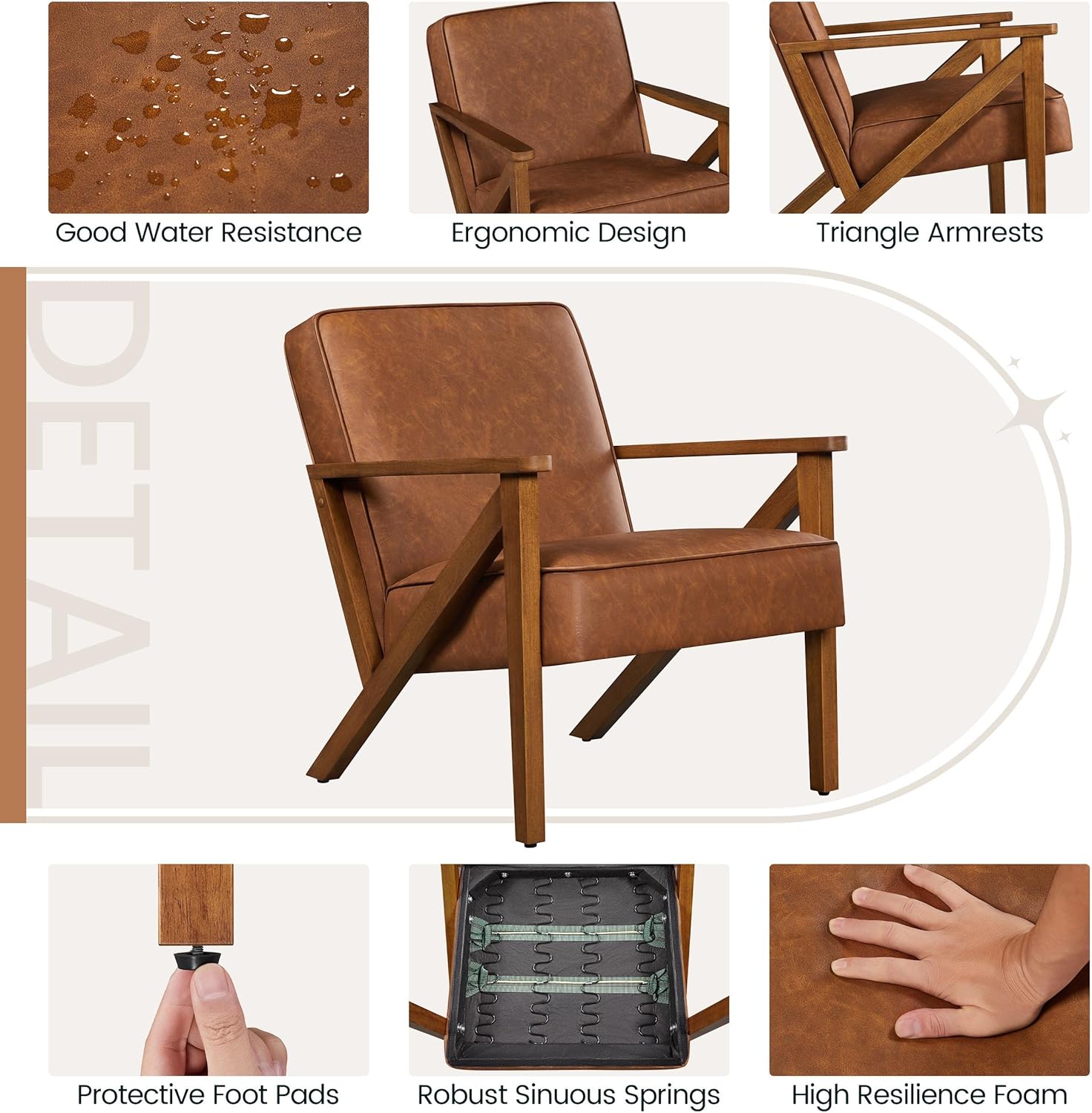 Yaheetech Silla decorativa de piel sintética con marco de madera, moderna silla retro para sala de estar, oficina, área de recepción, color marrón