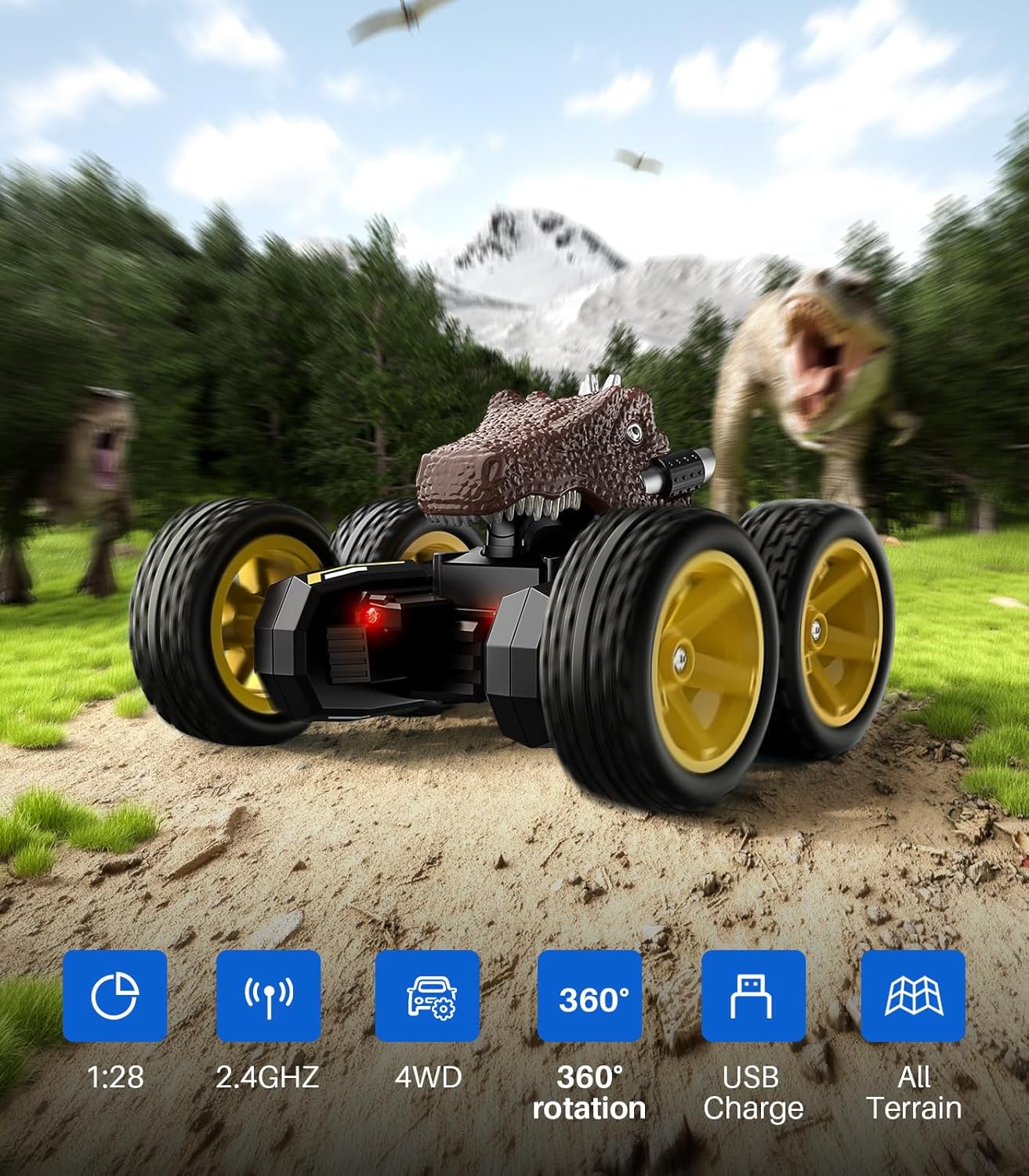 Auto de acrobacias a control remoto para niños, juguete de camión de juguete con demostración de una tecla, dinosaurio RC de rotación de 360, escala