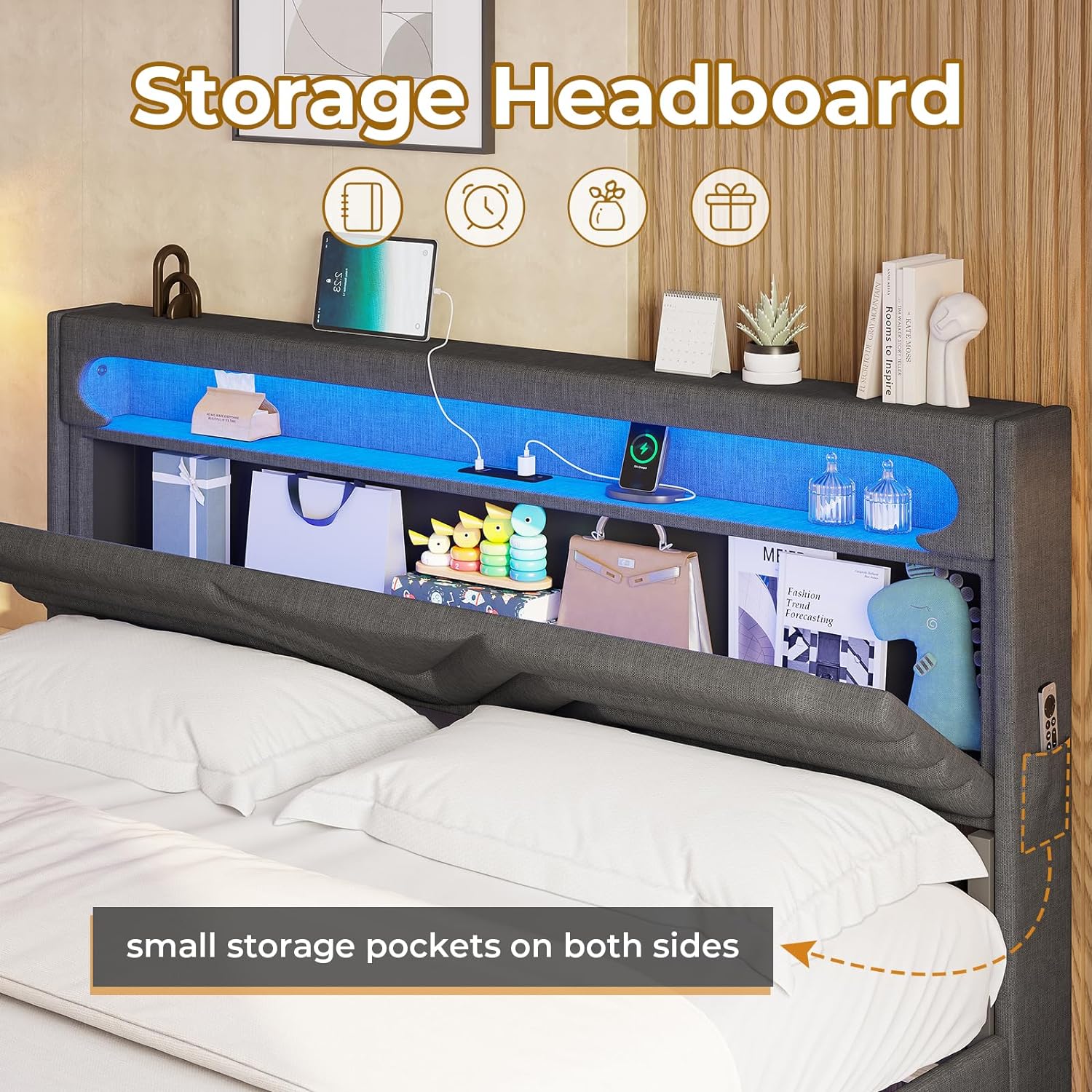 Base de cama flotante Queen con cabecera de almacenamiento y luces LED, base de cama tapizada tamaño Queen con estación de carga tipo C y USB,