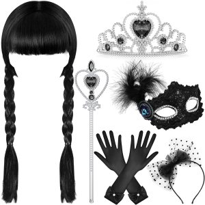 Yuxung Disfraz de peluca negra para niñas, disfraces de Halloween para niños y niñas, conjunto de accesorios de disfraz negro para niños (elegante) Yuxung Disfraz de peluca negra para niñas, disfraces de Halloween para niños y niñas, conjunto de accesorios de disfraz negro para niños (elegante)