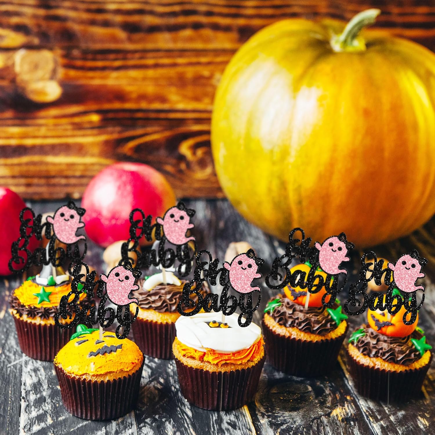 24 adornos para cupcakes Ghost Oh Baby con purpurina negra para Halloween, baby shower, decoración de cupcakes de Halloween para baby shower,