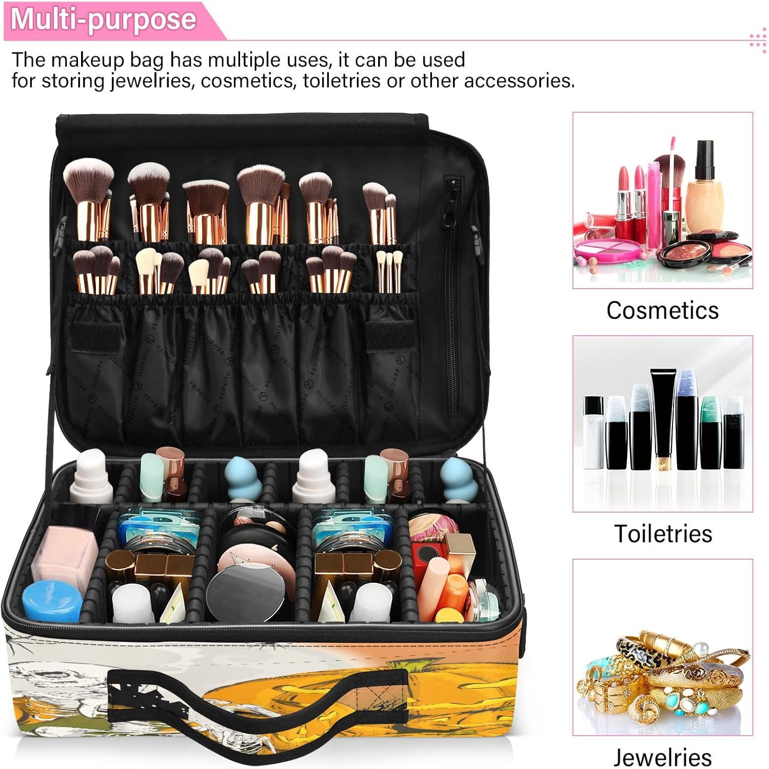 Skeleton Pumpkins Spiders Happy Halloween cosmetic bag makeup case travel size toiletries bag with compartments cute makeup bag cosmetiquera de