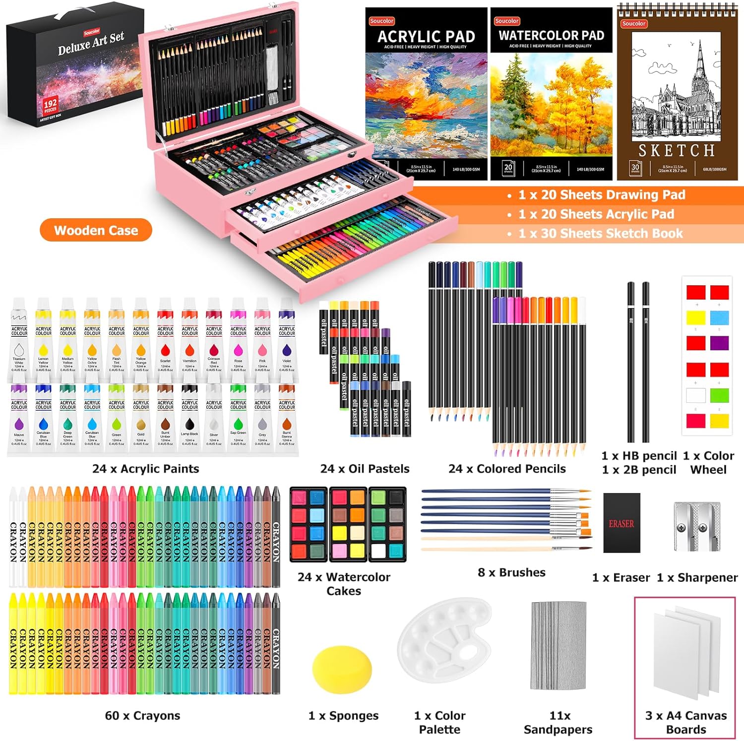 Soucolor Suministros de arte, paquete de 192 piezas de arte de lujo, suministros de pintura de dibujo, kit de arte con almohadilla acrílica,