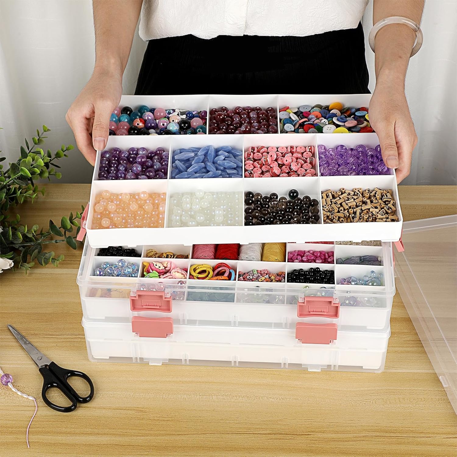 BTSKY Caja de almacenamiento divisoria transparente de 2 capas con 1 tapa, 4 niveles de plástico para accesorios de plástico, caja organizadora con