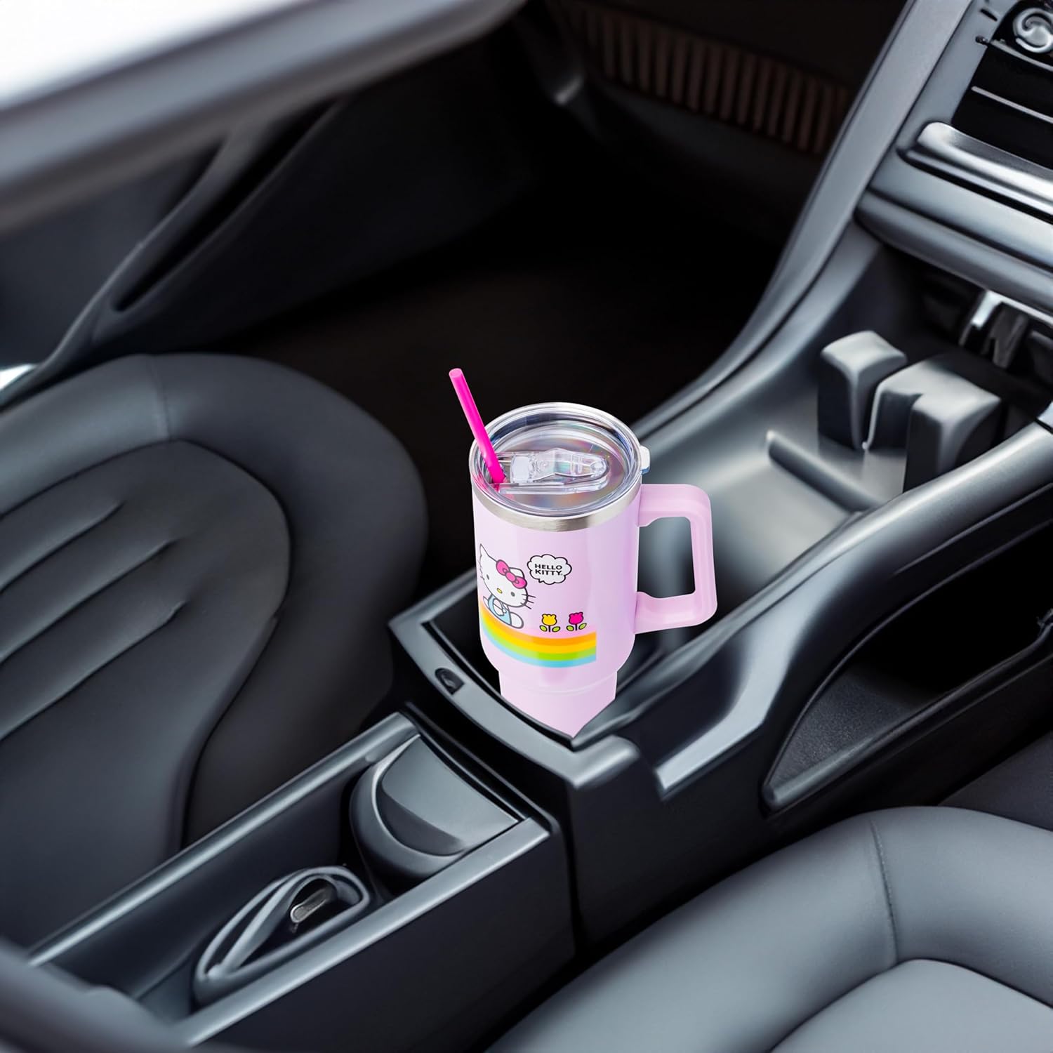 Silver Buffalo Sanrio – Vaso de acero inoxidable con asa y pajilla, diseño de flores de primavera y verano, diseño de flores de primavera y verano,