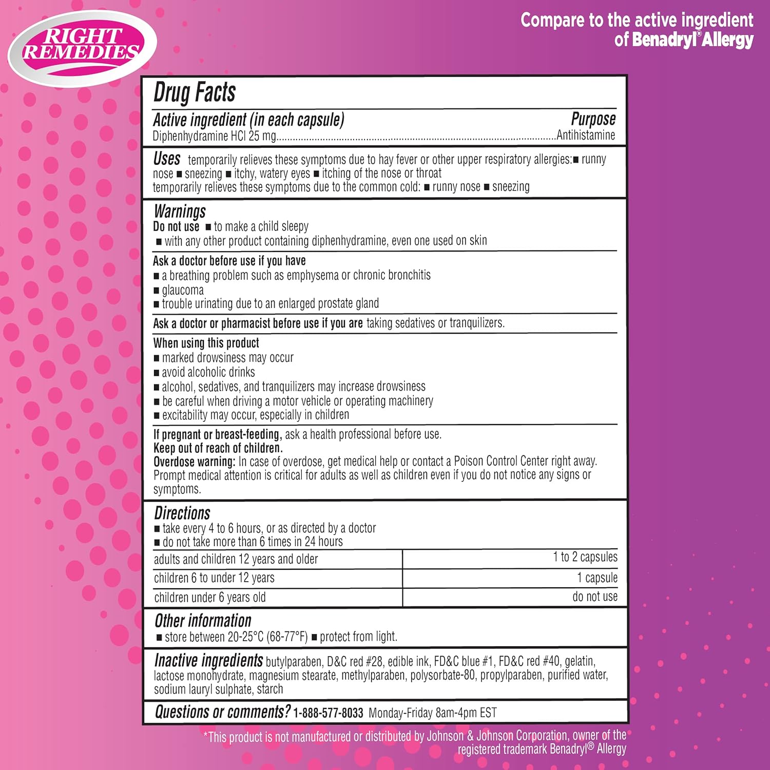RIGHT REMEDIES Alivio de la alergia, antihistamínico, difenhidramina HCL 25 mg, cápsulas genéricas de benadryl, alivia las alergias estacionales en