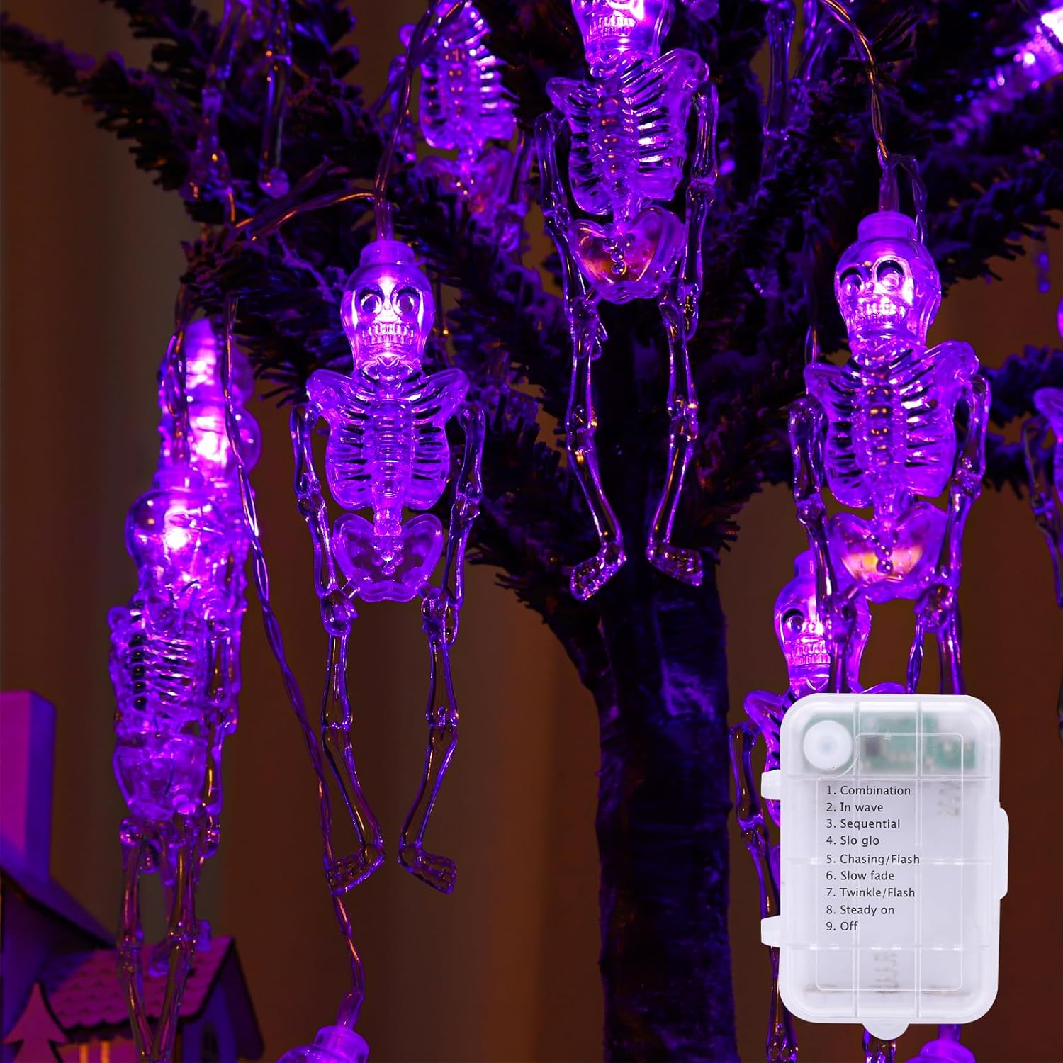 TIANSHENG Guirnalda de luces de esqueleto para Halloween, 20 luces LED, 8 modos, impermeables, funciona con pilas, para interiores y exteriores,