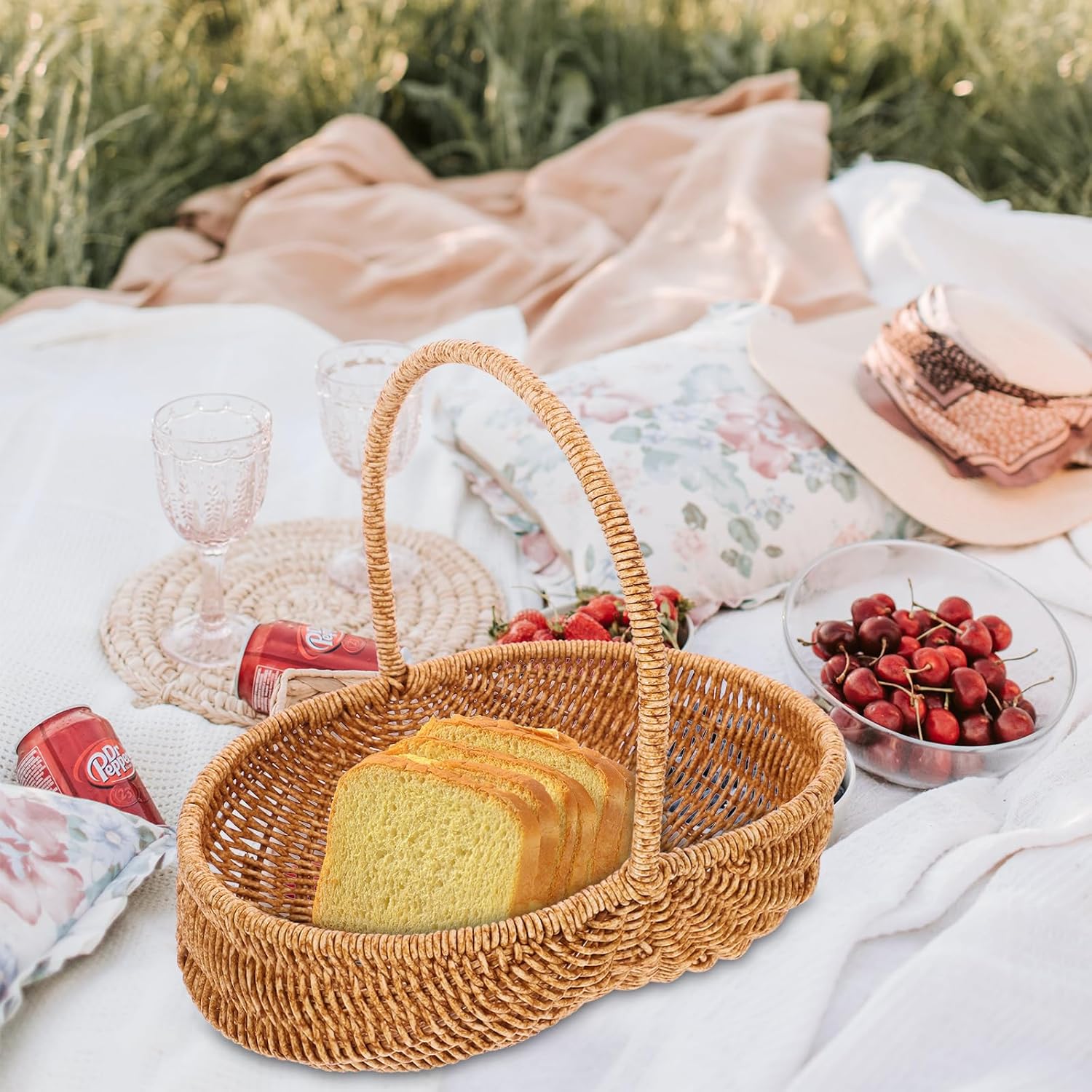 LIFKOME Cesta de picnic de ratán de plástico cesta de flores de Pascua con asa Cesta de almacenamiento tejida para decoración casera de boda 10.6 in