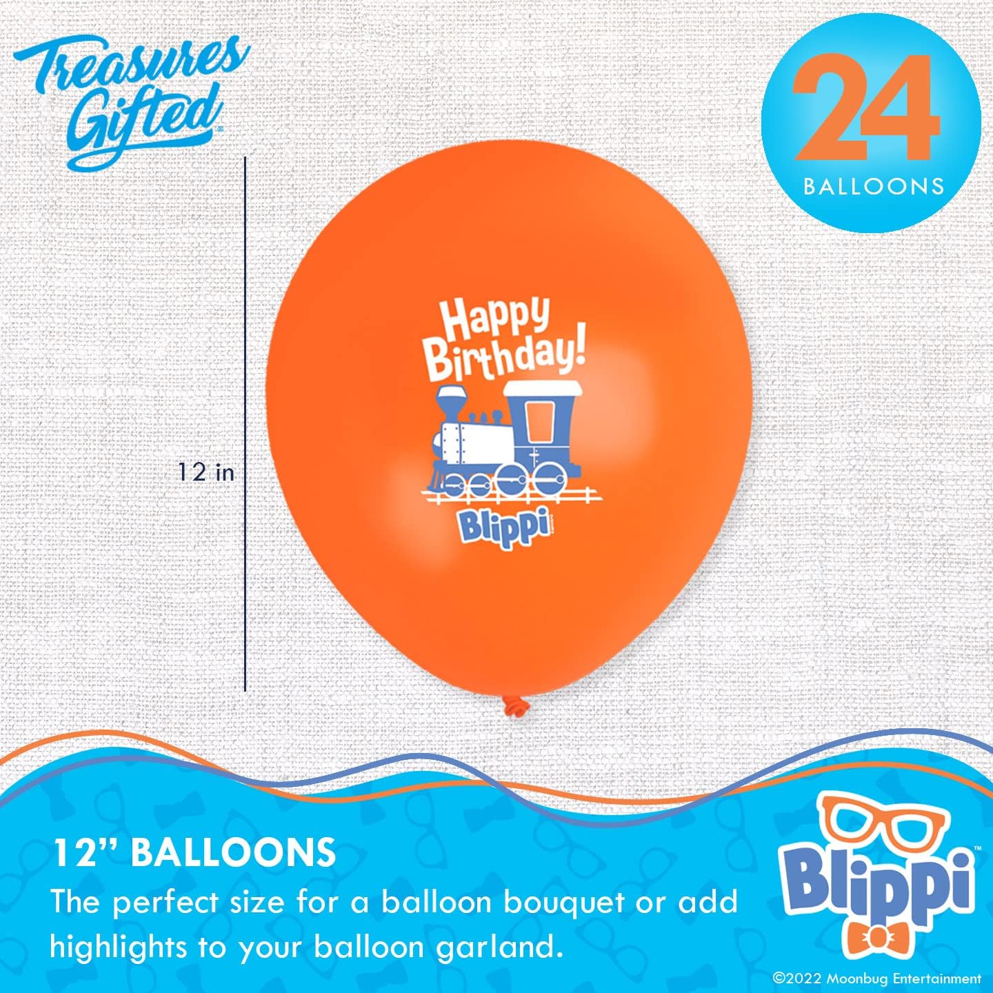 Treasures Gifted Blippi – Paquete de 24 globos de cumpleaños de Blippi, globos de látex Blippi, globos Blippi de 12 pulgadas, naranja, azul y