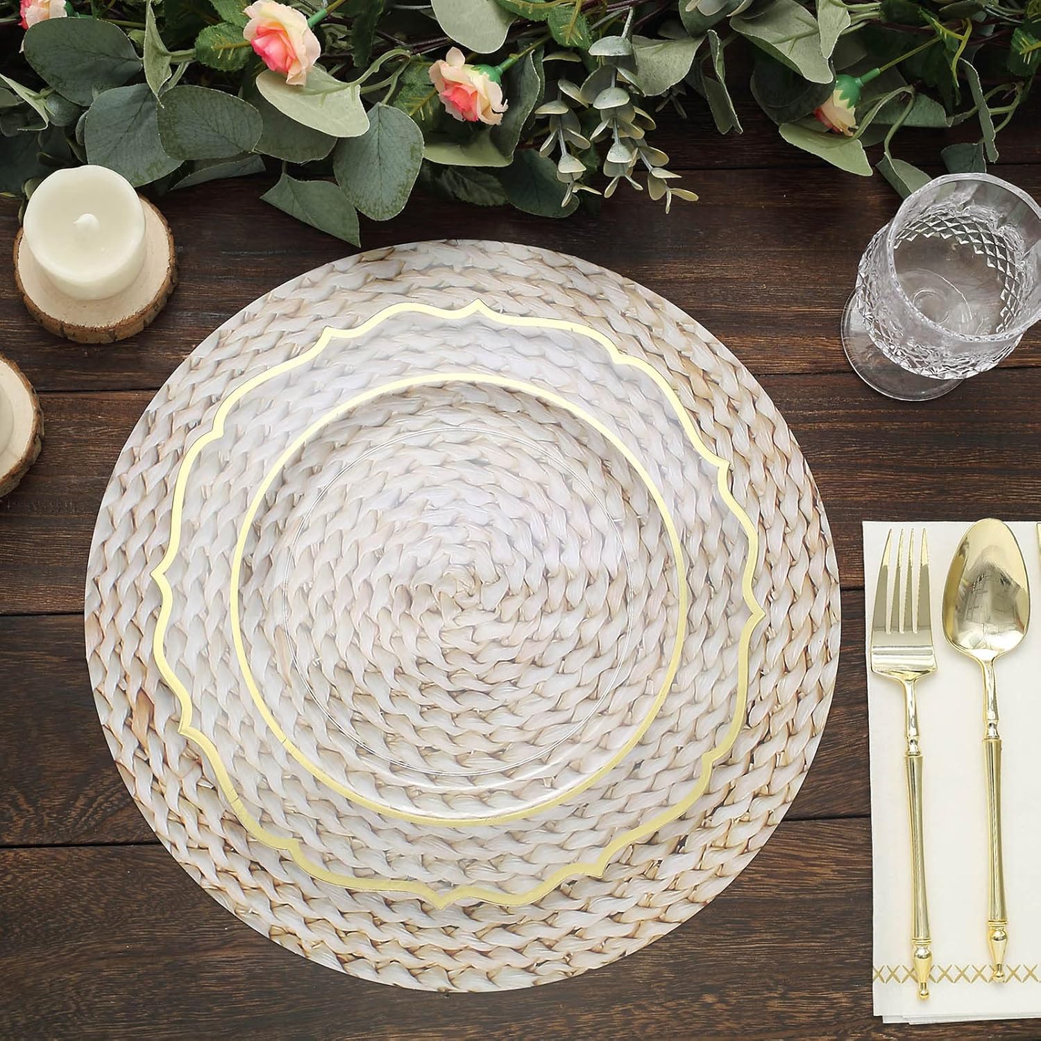 TABLECLOTHSFACTORY – Paquete de 6 bandejas desechables con diseño de ratán tejido de trigo de 13 pulgadas, platos de carga de papel redondos