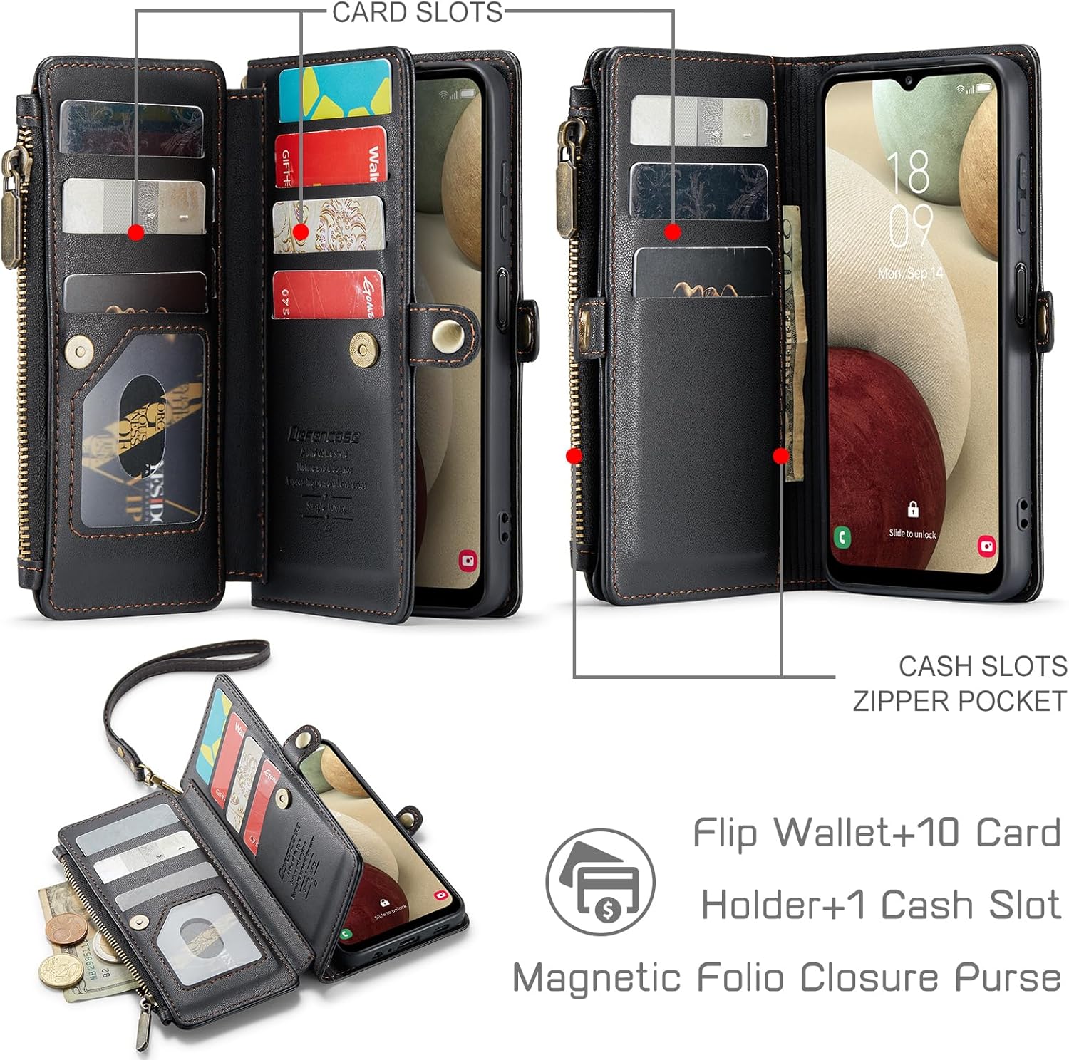 Defencase Funda para teléfono Samsung Galaxy A12, bloqueo RFID para Galaxy A12, cartera para mujeres y hombres, correa magnética de piel sintética,