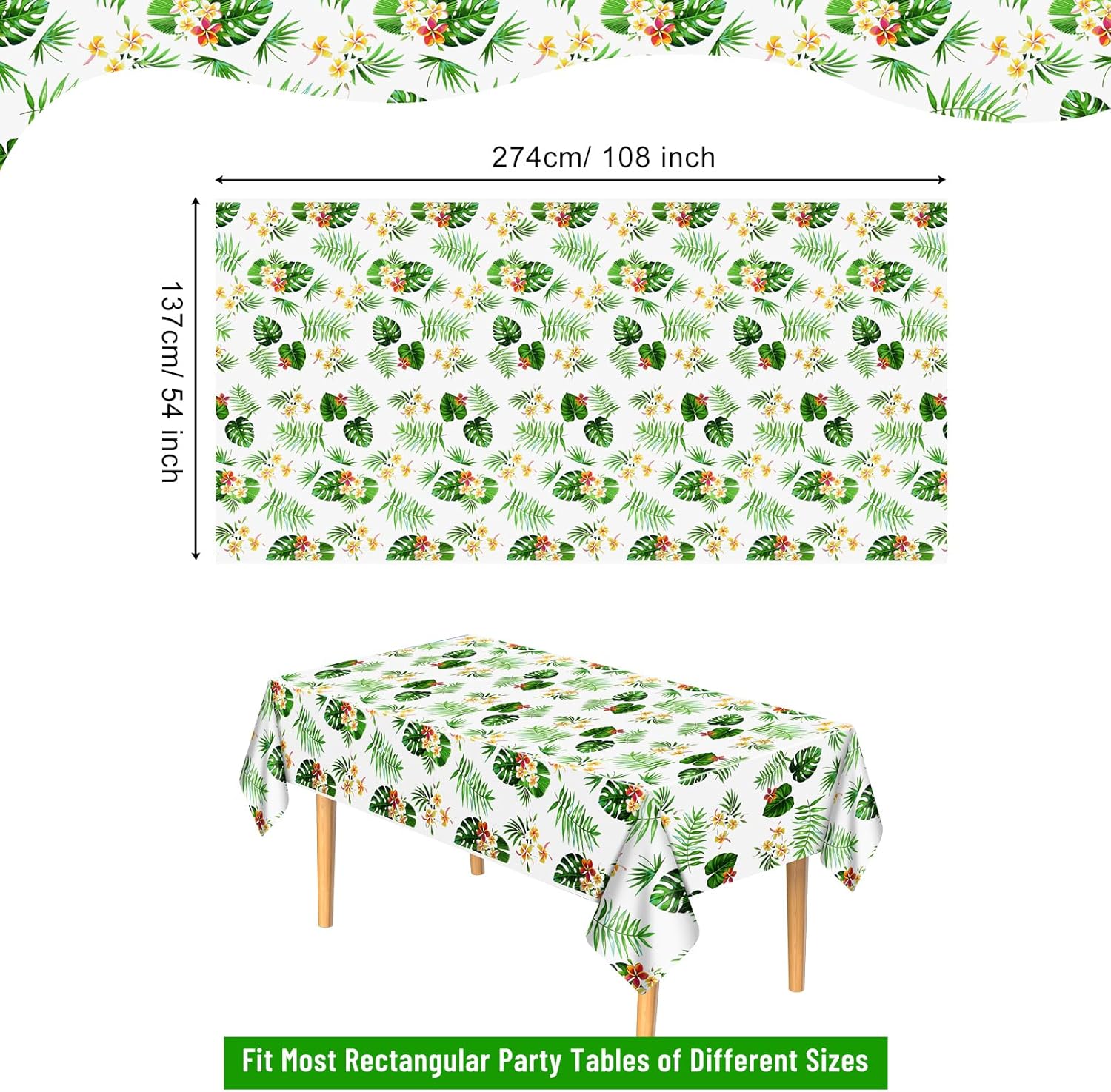 PLULON Paquete de 3 manteles hawaianos de plástico Luau para suministros de fiesta tropical, 54 x 108 pulgadas, mantel de hojas de palma para niños,