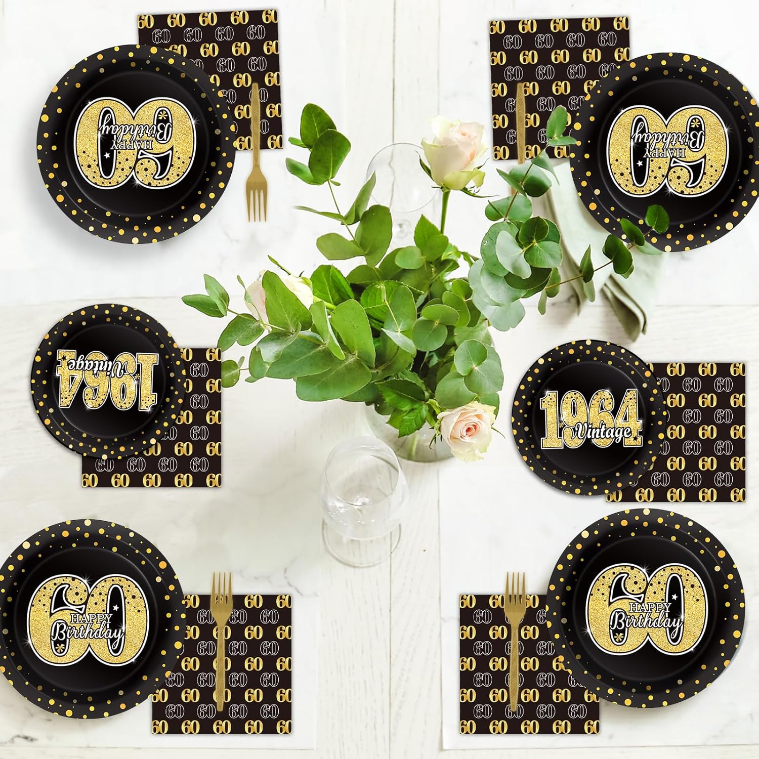 96 piezas de vajilla para fiesta de cumpleaños temática 60, suministros de fiesta de cumpleaños de 60 años, platos servilletas, tenedores, regalos