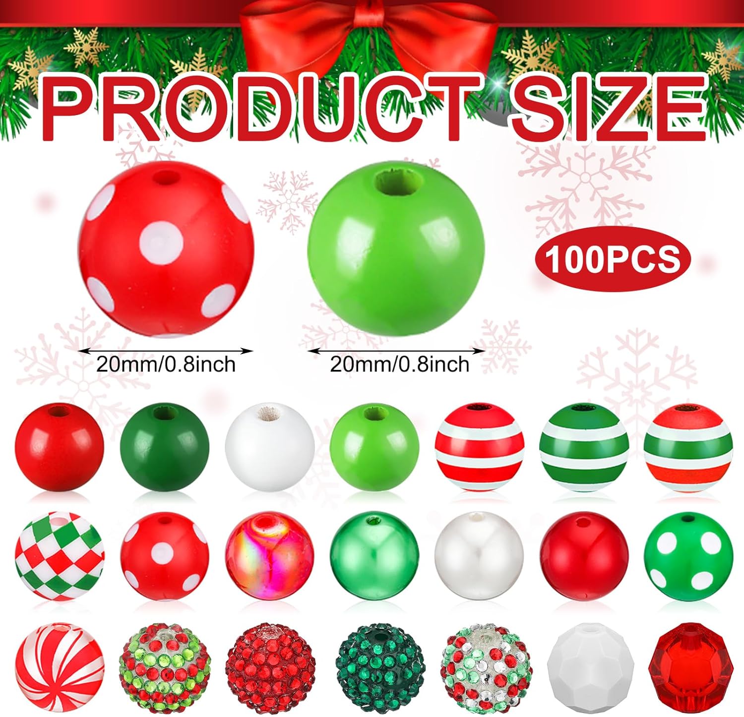 Poen Juego de 100 cuentas de Navidad de 0.78 pulgadas (0.787 in) con cuentas mixtas de Navidad para hacer joyas, cuentas gruesas de color rojo,