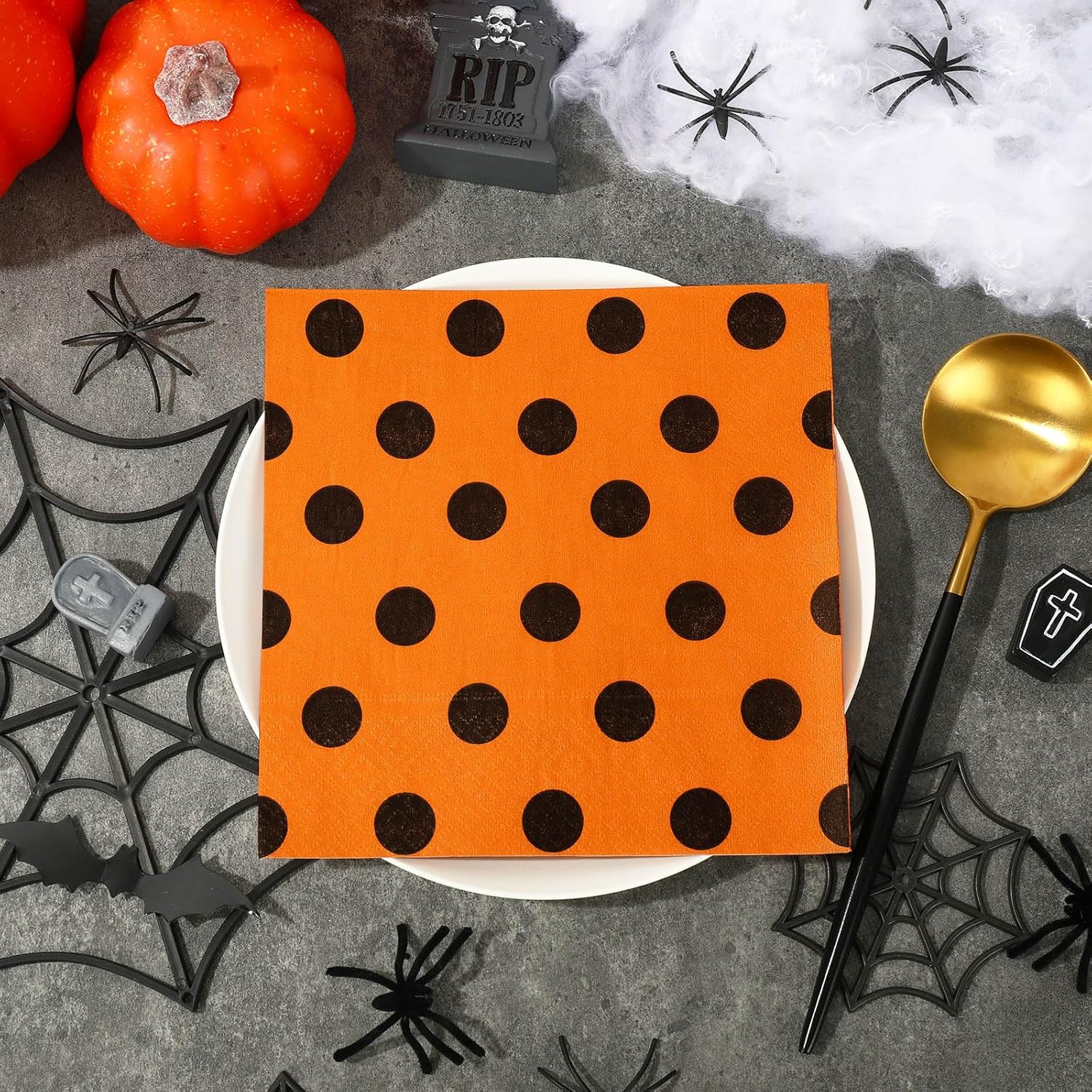 Whaline Servilletas de papel de Halloween de 6.5 pulgadas, color naranja y negro, con rayas, lunares, servilletas de almuerzo geométricas