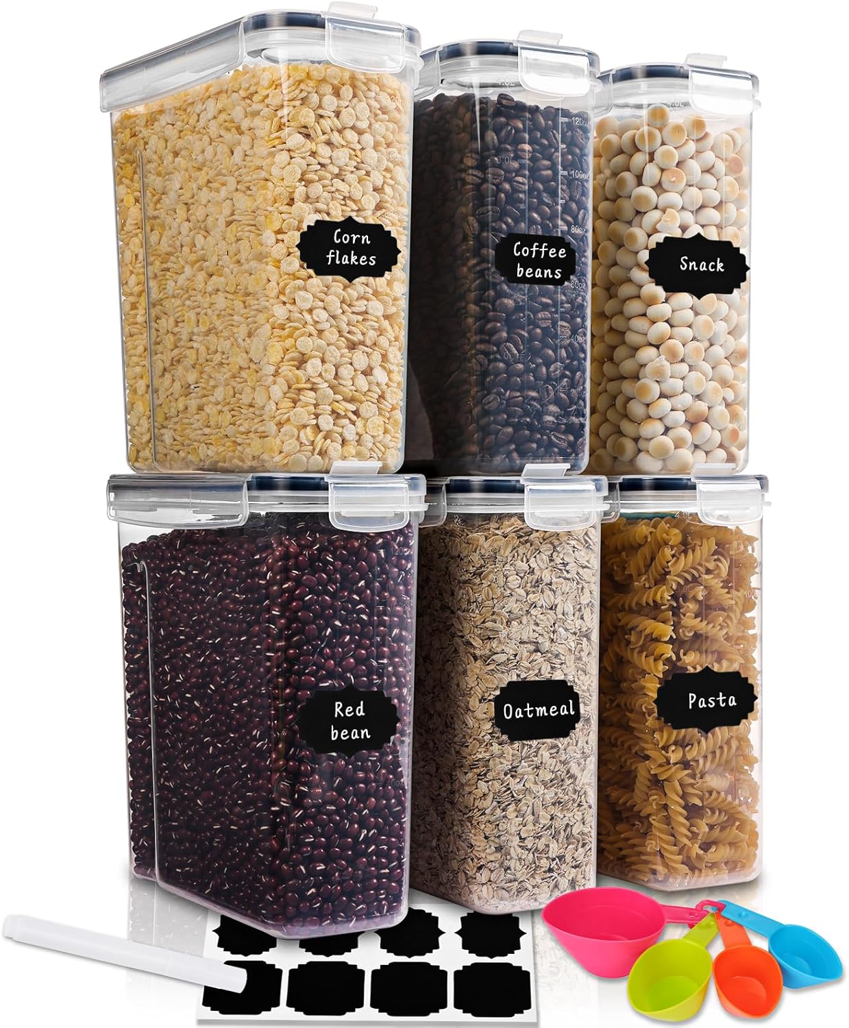 Moretoes Recipientes de cereales, 6 unidades de 4L 135 oz de plástico para despensa de cereales con cucharas medidoras, para harina, azúcar, arroz
