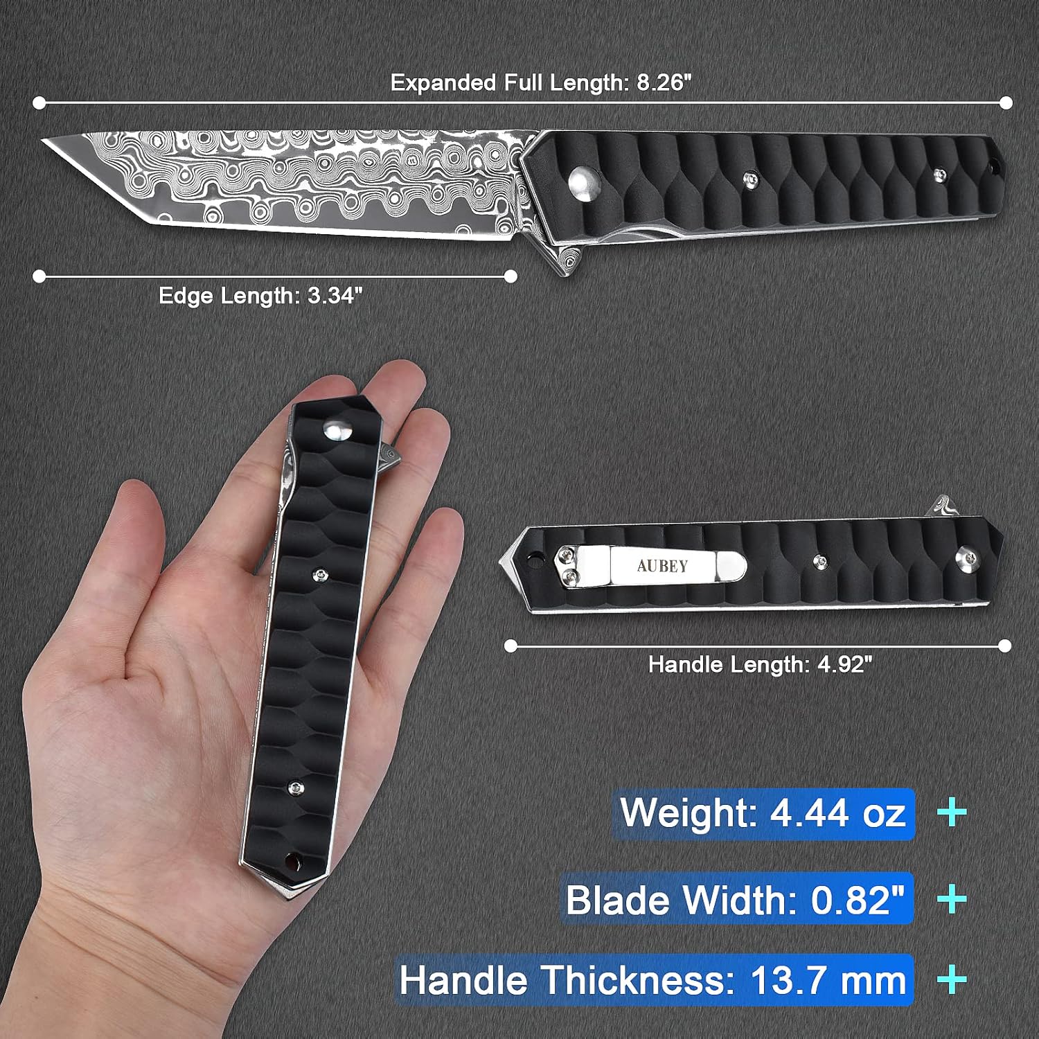 AUBEY Cuchillo de bolsillo de Damasco con clip para hombres y mujeres, cuchillos plegables de acero de Damasco con rodamiento de bolas, mango