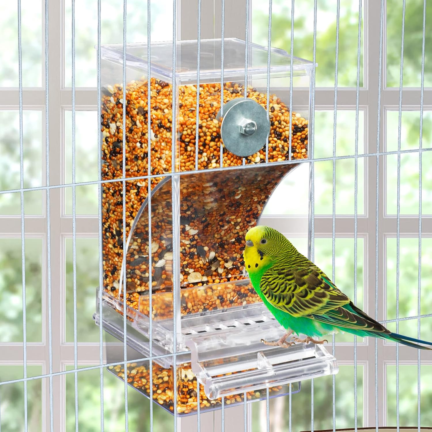 Rypet Paquete de 2 comederos automáticos para pájaros sin ensuciar, jaula transparente transparente para comederos de loros acrílicos, accesorios