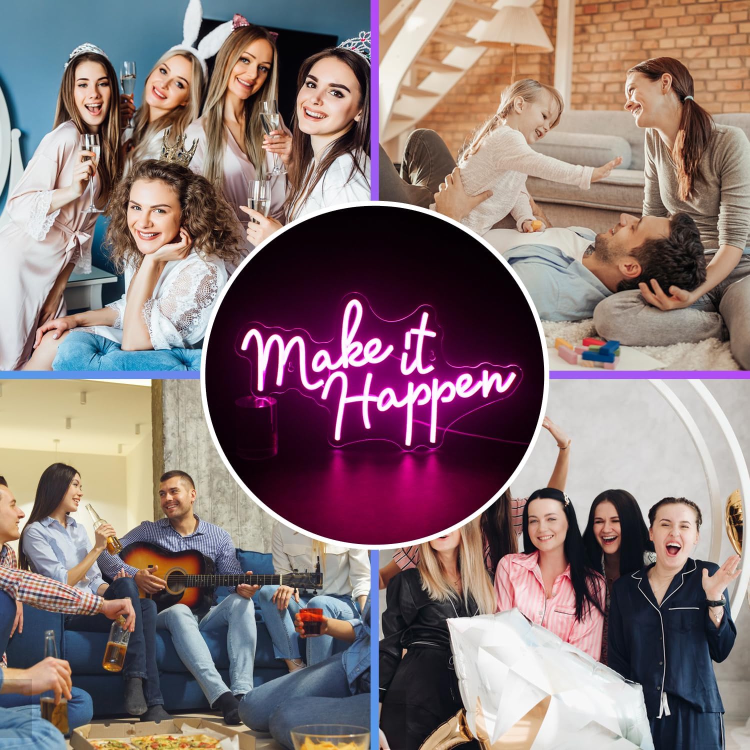 Letrero de neón con texto en inglés Make It Happen con luz LED rosa para decoración de pared, letras USB, luz de neón para interiores, dormitorio,
