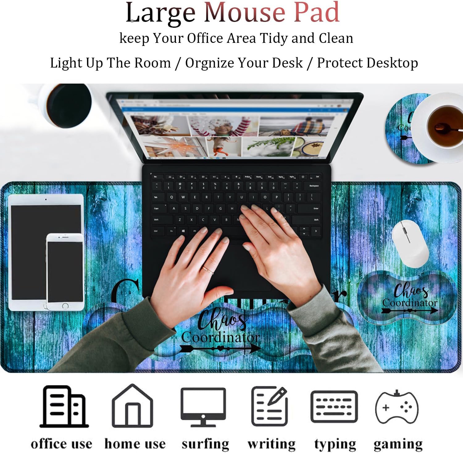 Combo de alfombrilla de mouse 4 en 1, alfombrilla de mouse grande para juegos + soporte de muñeca para teclado + reposamuñecas de mouse + posavasos,
