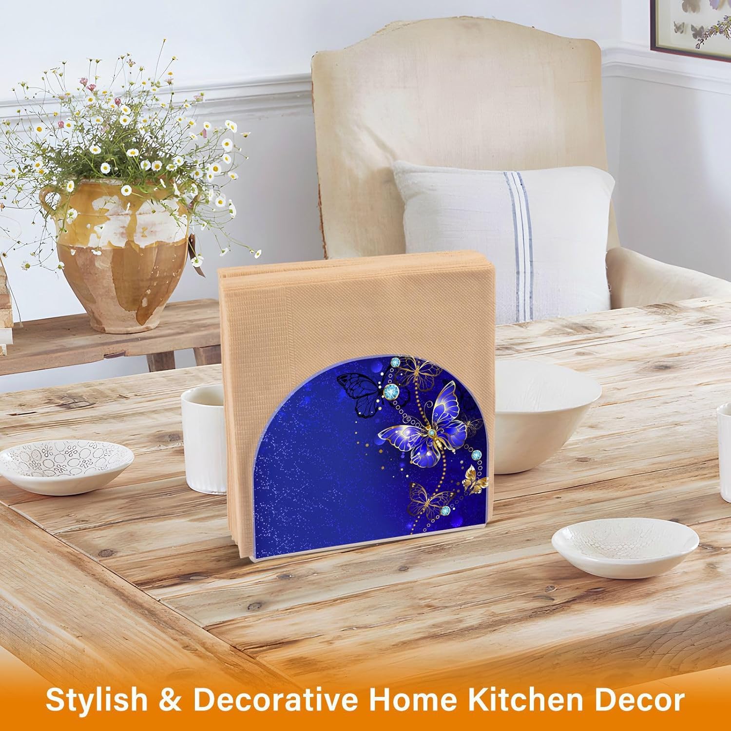 Elegante servilletero de mariposa azul, soportes de acrílico para servilletas de mesa de cóctel, dispensador de papel para cocina, comedor,