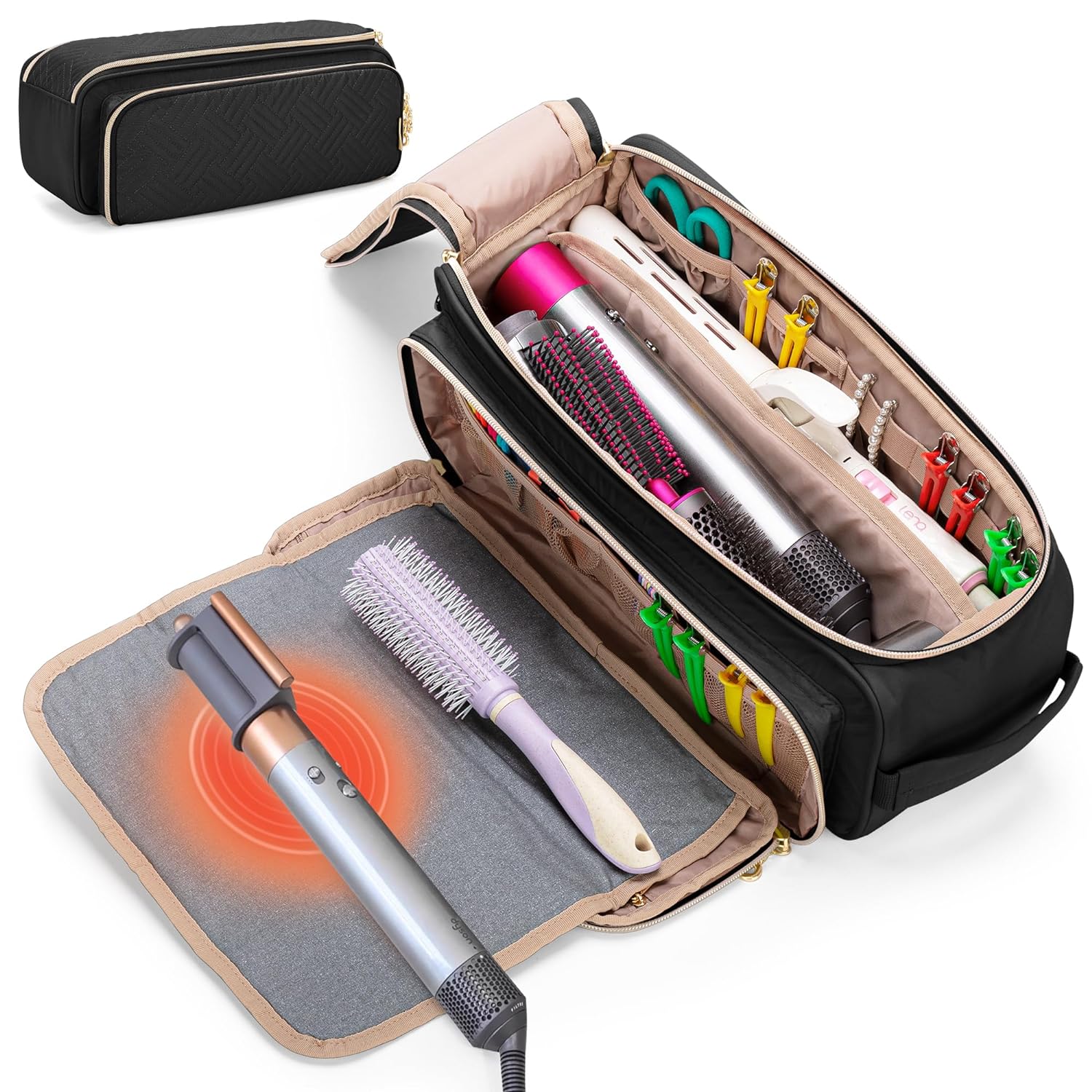 YARWO Bolsa de viaje para herramientas de cabello con alfombrilla resistente al calor para alisador, rizadorplancha plana, cepillo de