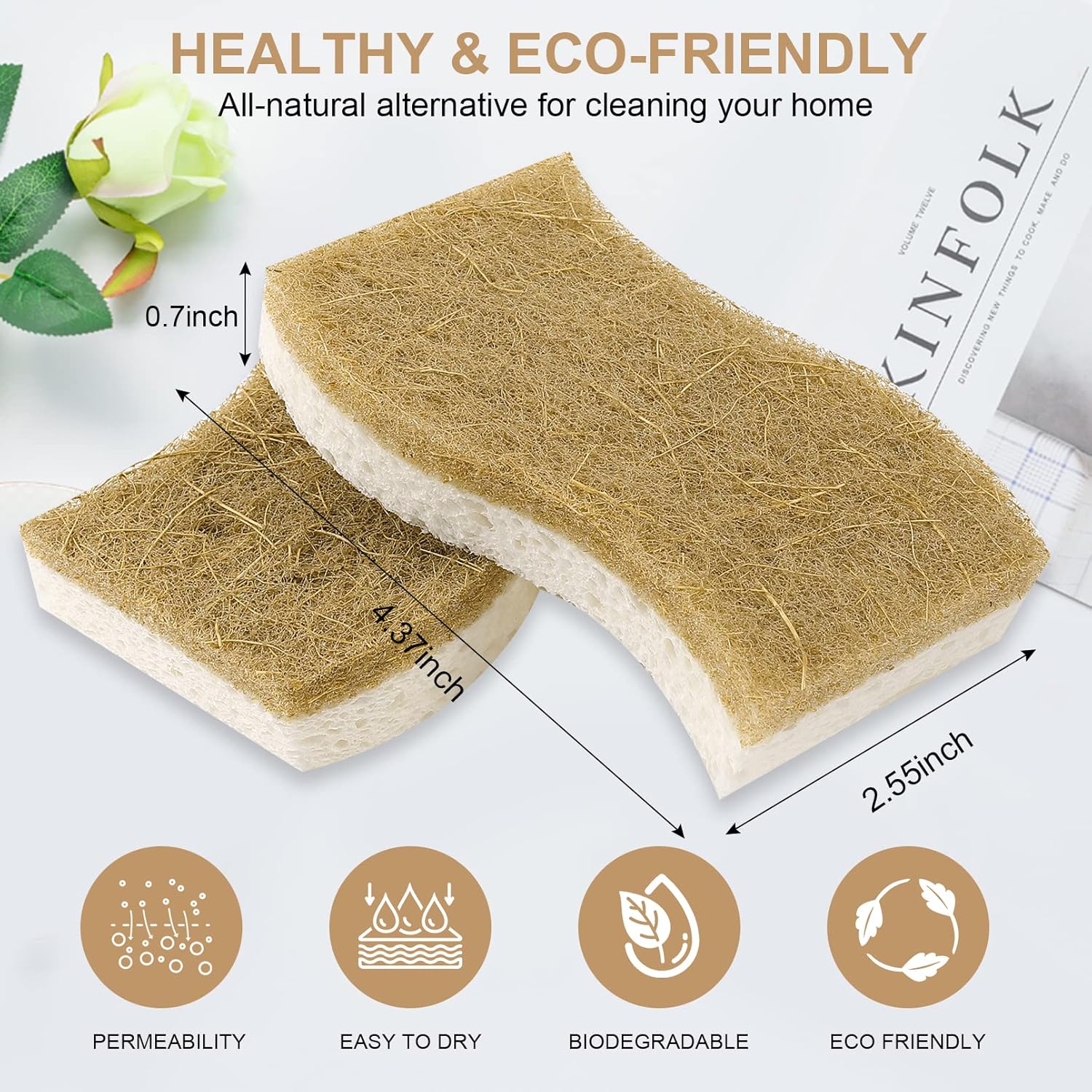 ENHYIVE Paquete de 12 esponjas naturales, esponjas de cocina ecológicas, esponjas naturales para lavar platos, esponja biodegradable compostable de