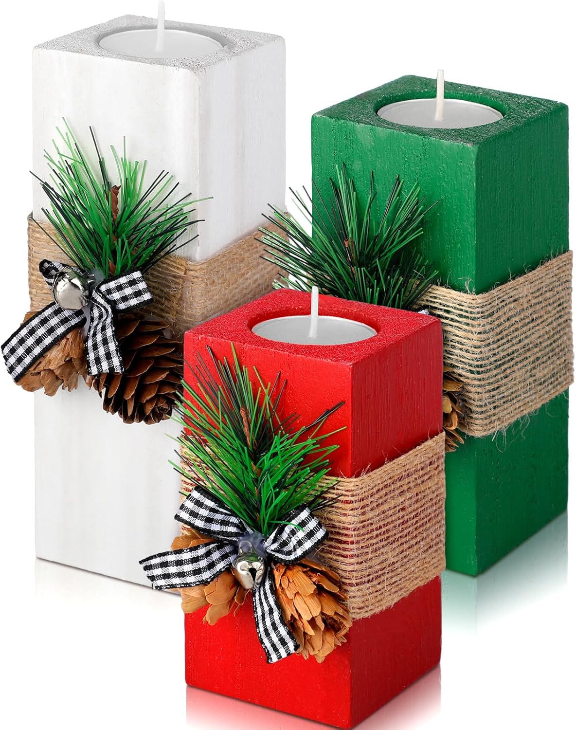 3 portavelas de Navidad con velas de madera, candelabros de Navidad, candelabros de madera votiva roja, blanca y verde, para decoración de centro de