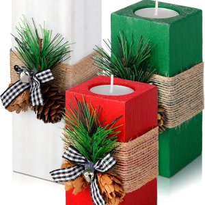 3 portavelas de Navidad con velas de madera, candelabros de Navidad, candelabros de madera votiva roja, blanca y verde, para decoración de centro de 3 portavelas de Navidad con velas de madera, candelabros de Navidad, candelabros de madera votiva roja, blanca y verde, para decoración de centro de