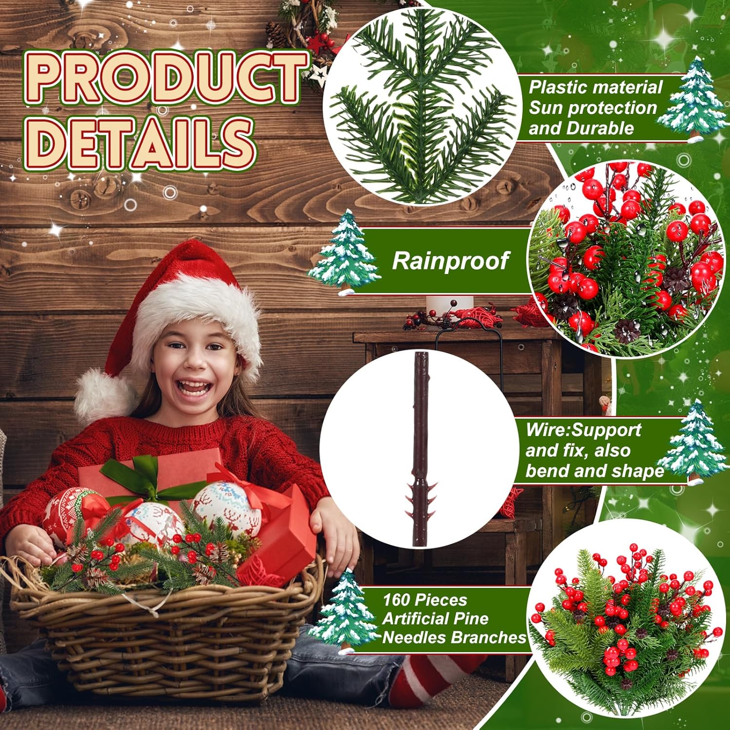 Ceenna 160 agujas de pino artificiales de Navidad, ramas, conos de pino verde y tallos de bayas rojas artificiales, a granel, ramas de árbol falsas