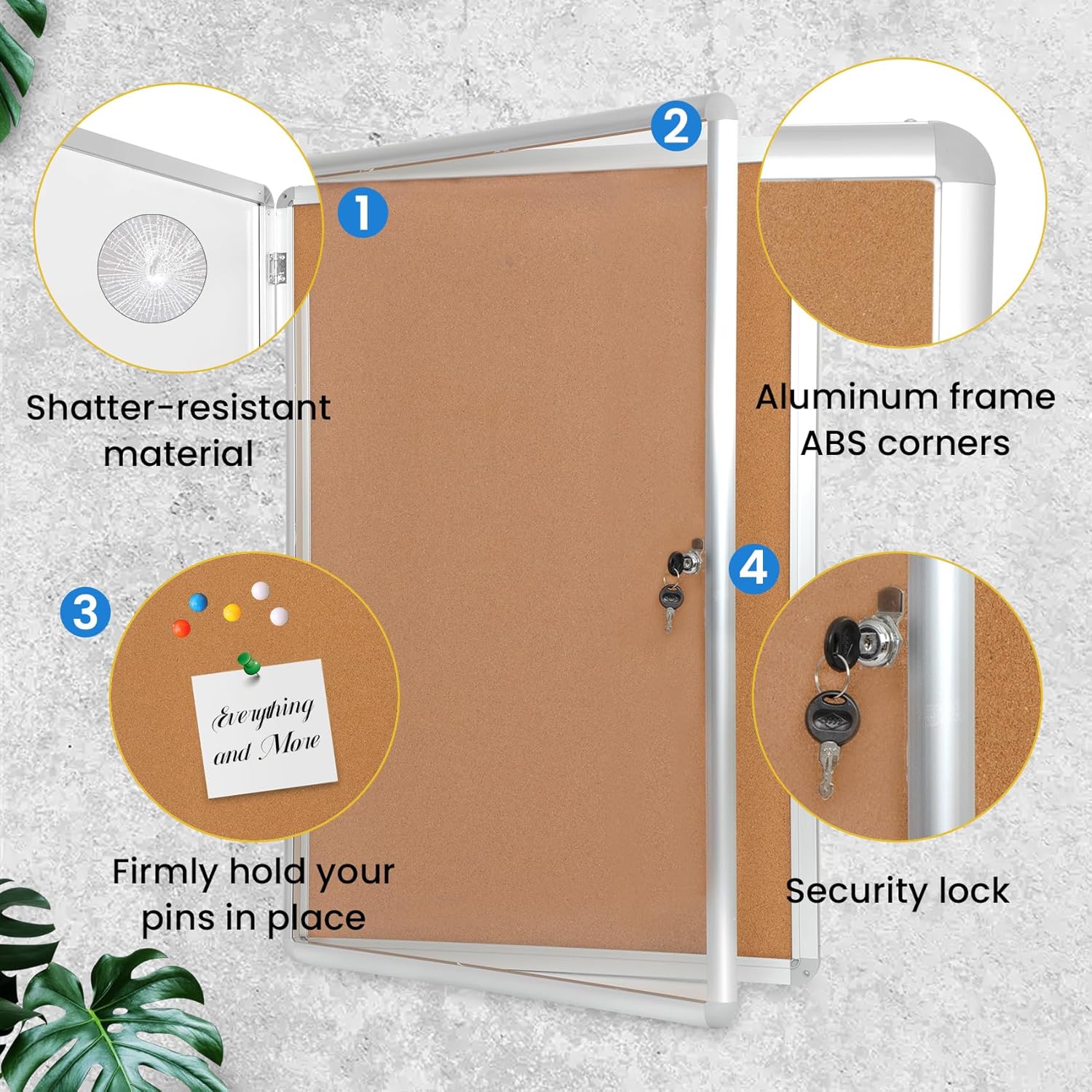 Tablero de anuncios de corcho cerrado grueso de 36 x 24 pulgadas (9 x A4), marco de aluminio, tablero de anuncios con cerradura resistente a los