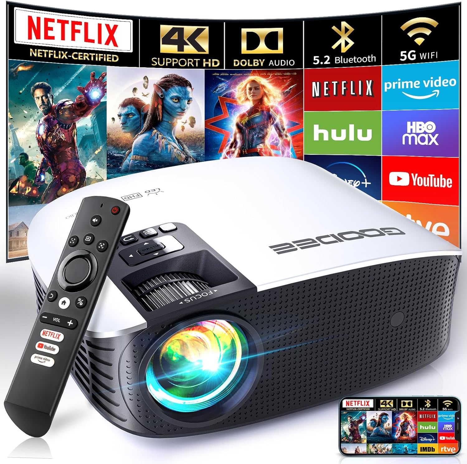 GooDee Proyector inteligente 4K con WiFi 5G y Bluetooth, certificado NetflixAmazn Prime Video, Dolby Audio, proyector exterior 800ANSI, proyector de